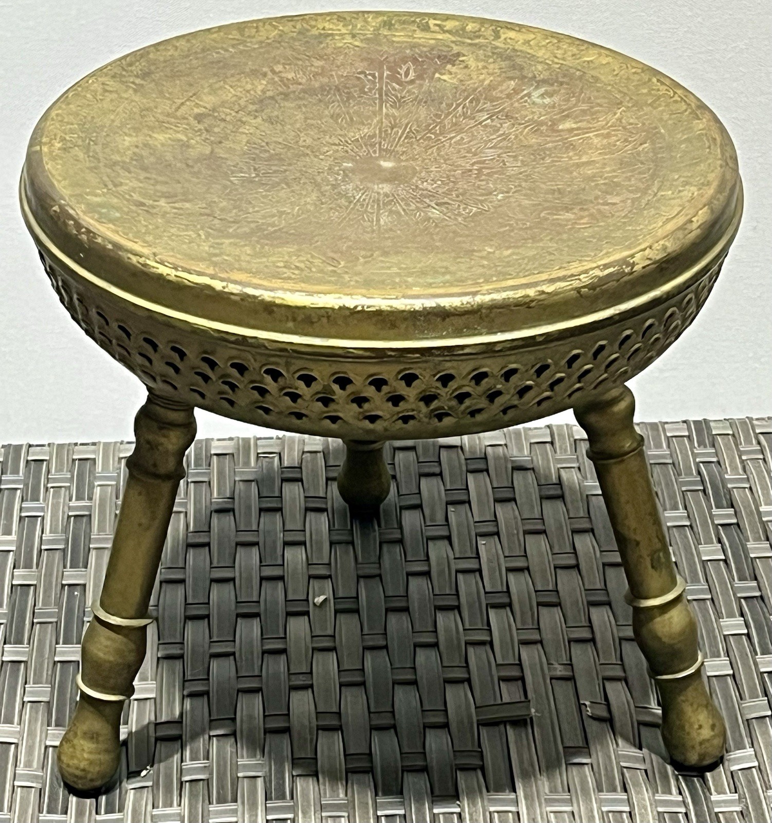Vintage, c. 1970 Turkish Hammam Engraved & Reticulated Brass Foot Warmer / Stool