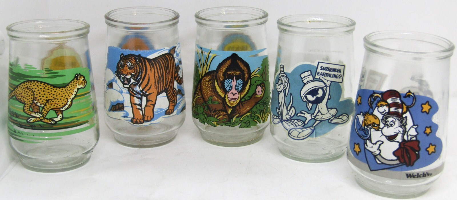 Vintage Welch\'s Jelly Glasses, 3 World Wildlife Fund, 1-Dr. Seuss, 1-Marvin the 