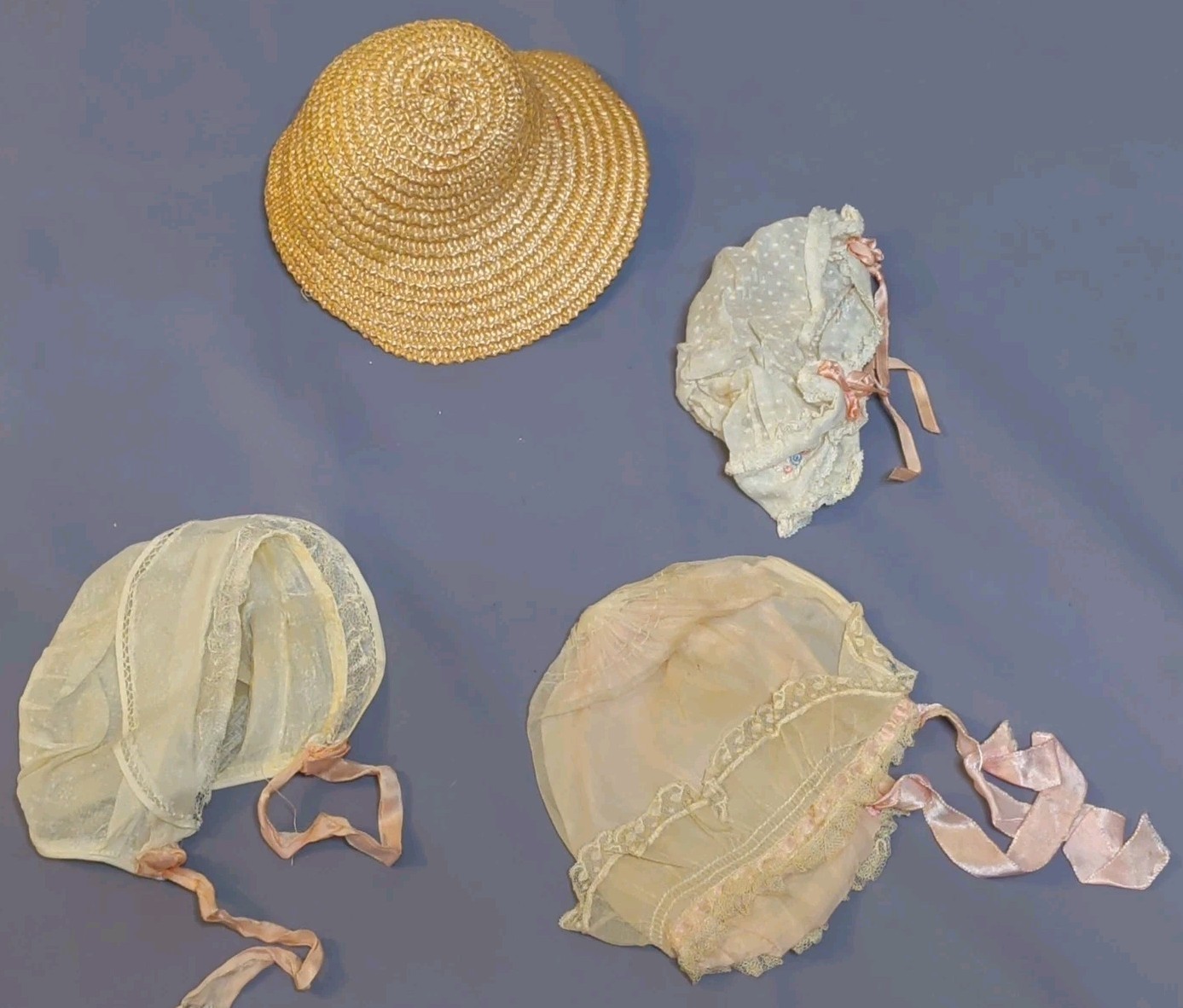 Antique Vintage Doll Baby Bonnet Lot 3 White Cream Lace Satin Bonnets Assorted