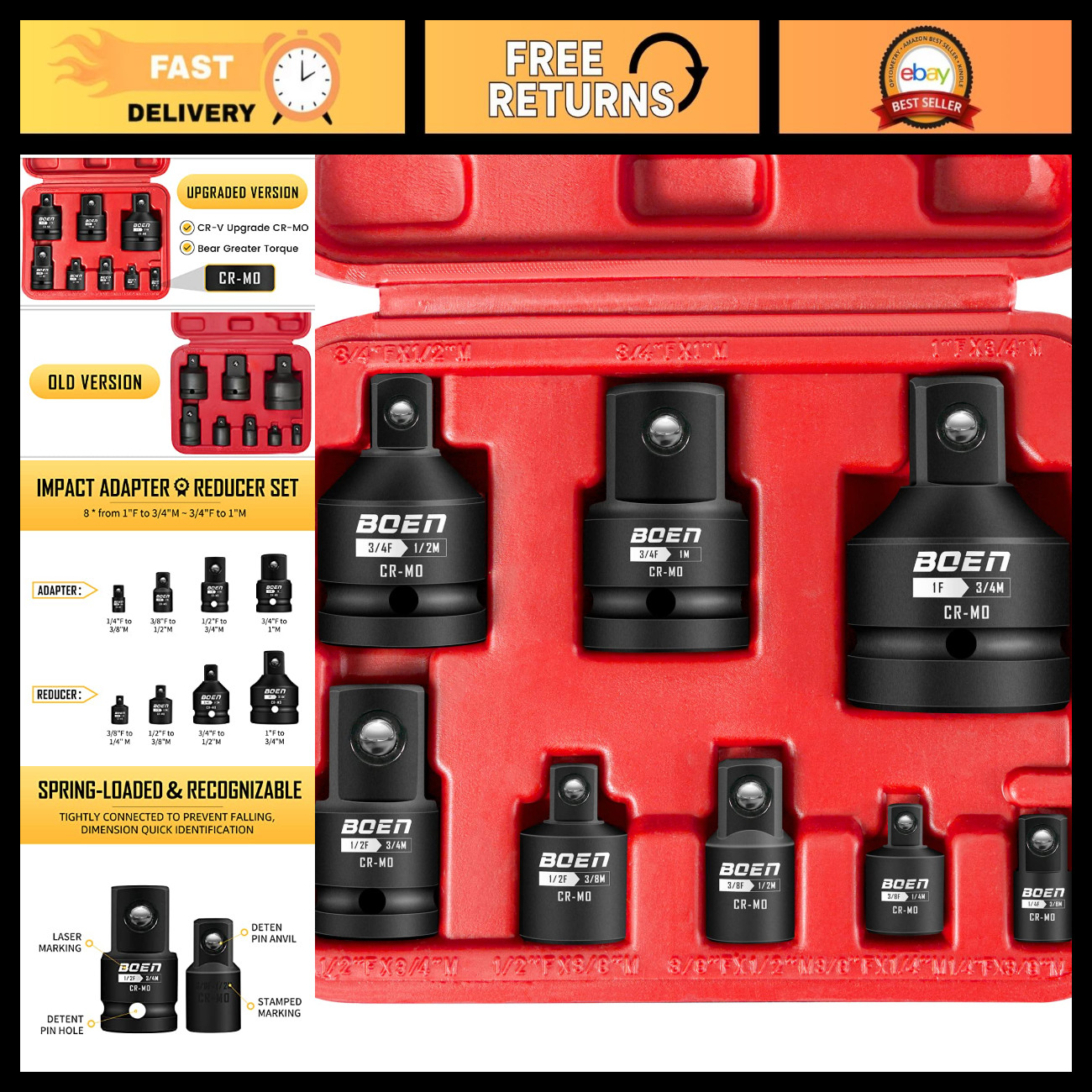 BOEN 8 Piece Impact Socket Adapter and Reducer Set, 1/4\