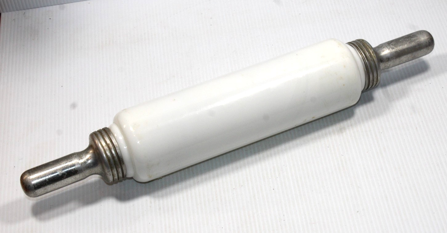 Vintage White MilkGlass Rolling Pin Aluminum Handles 16