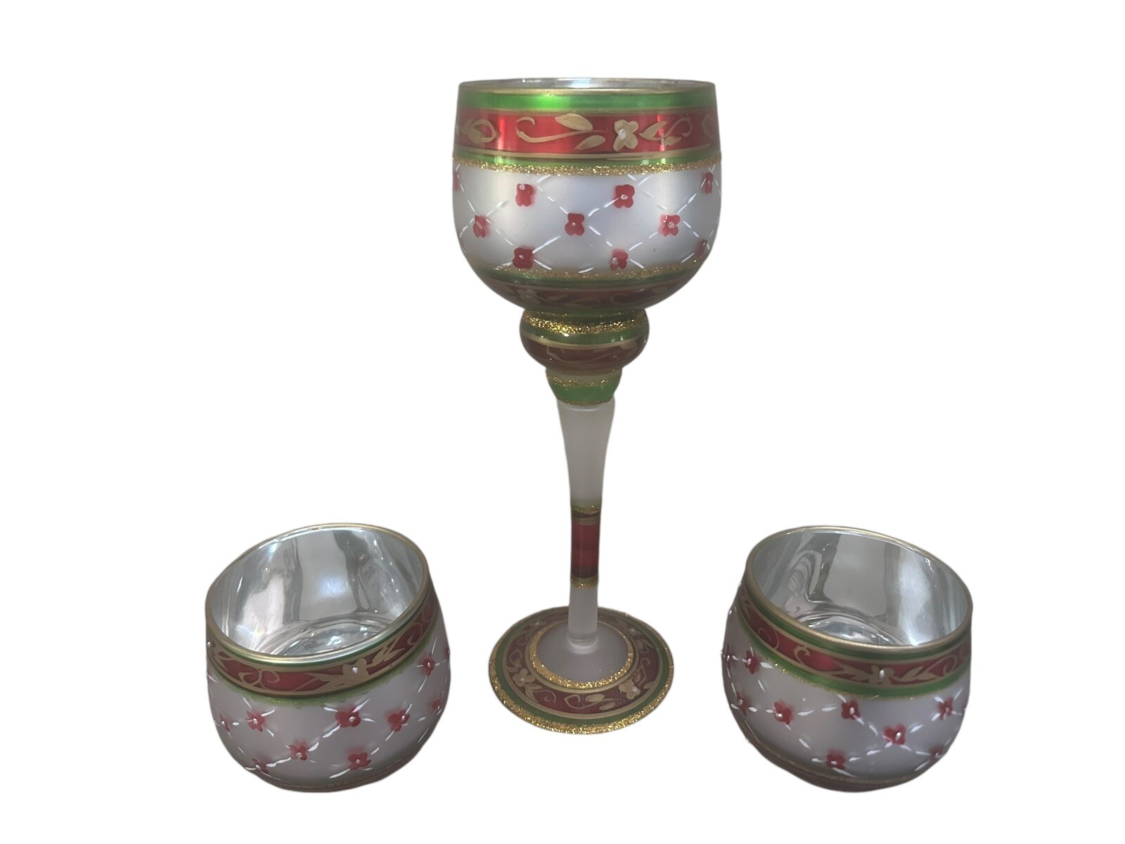 Christmas Silver Red Mercury Glass Votive Holders Set of 3 Three Round and Tall