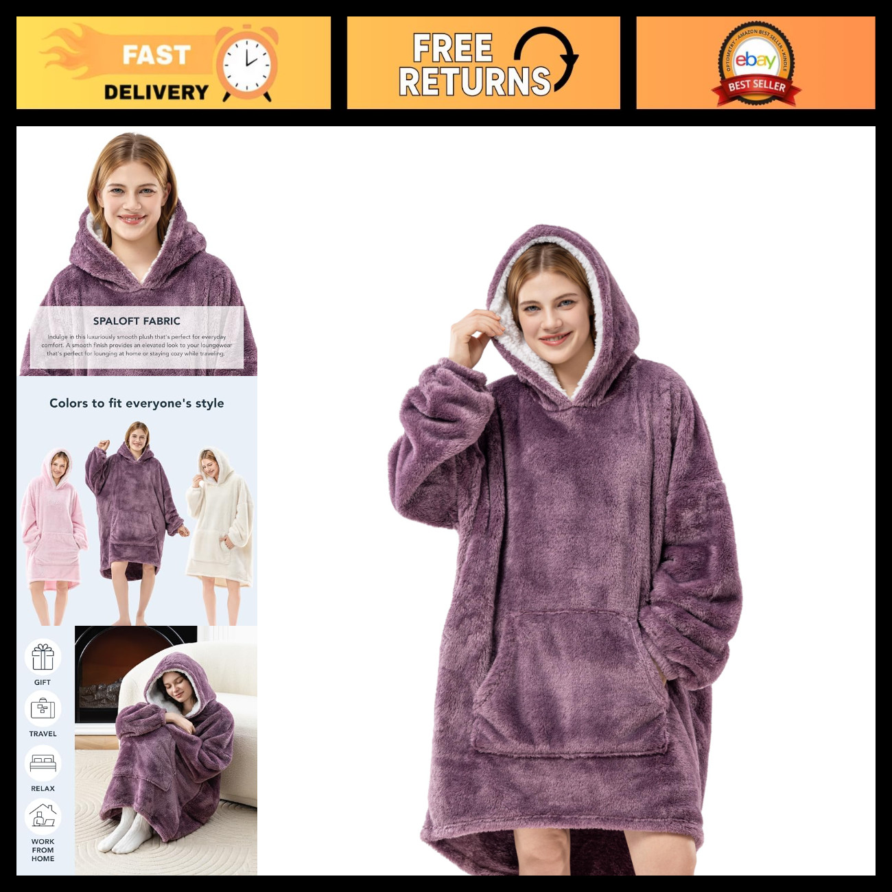 Berkshire Blanket Oversized Wearable Blanket Hoodie – SpaLoft Plush with Hood, S