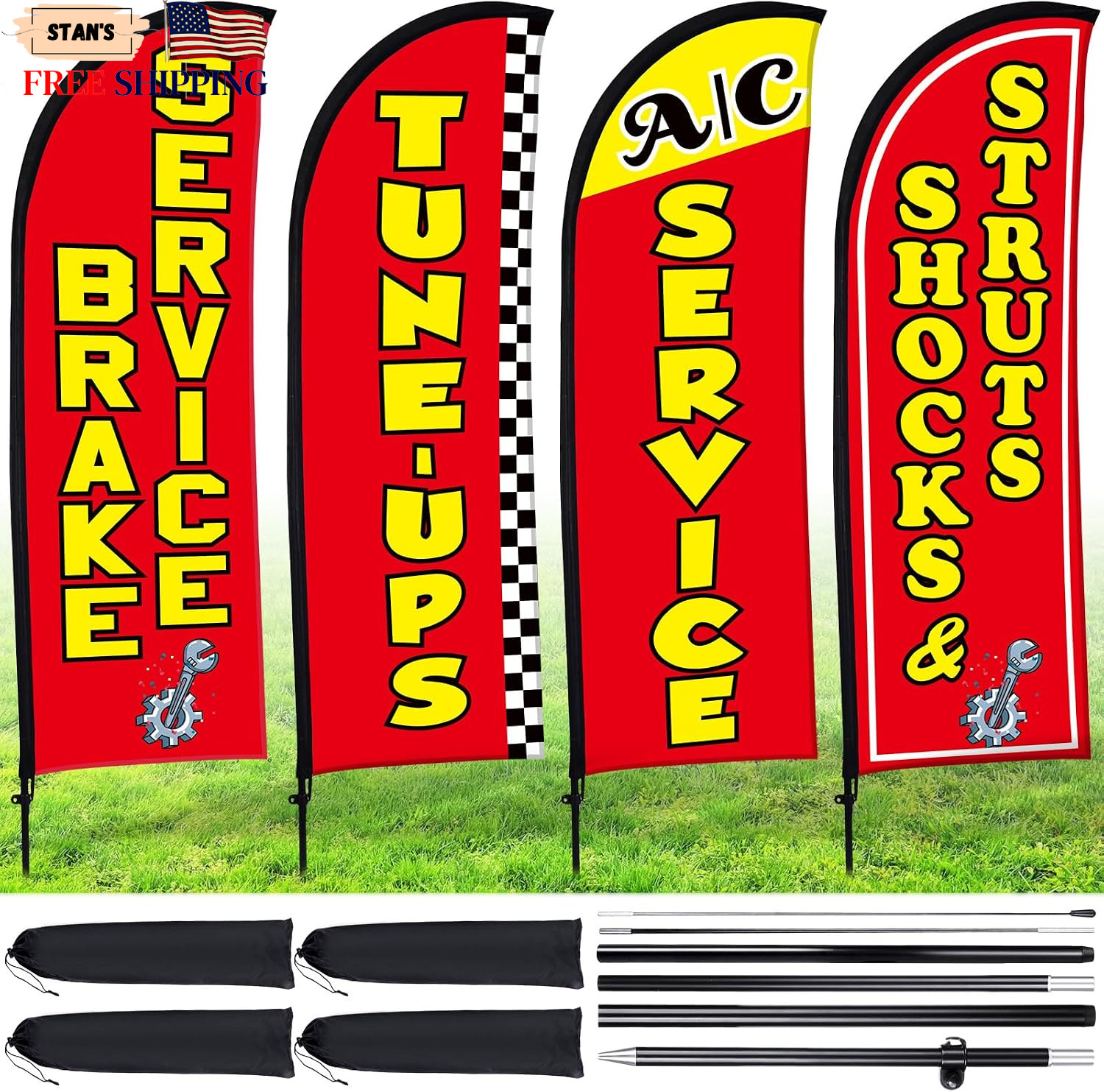 4 Pack Auto Repair Shop Feather Flag Kit Red  ONLY US...