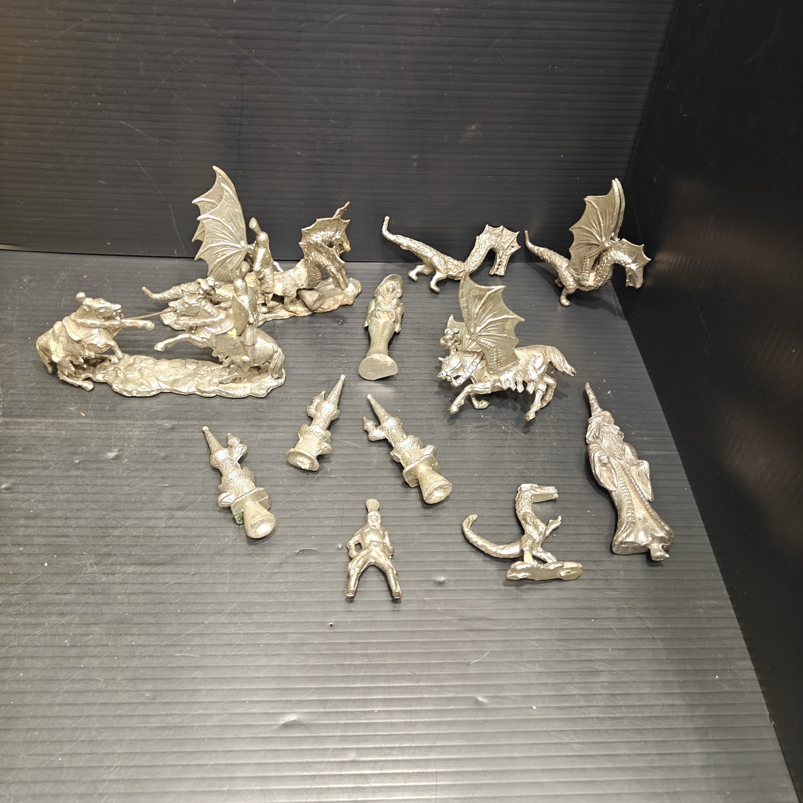 Vintage Cast Metal Fantasy Figurine Lot 12 Pc Dragons Wizards Knights Joust...
