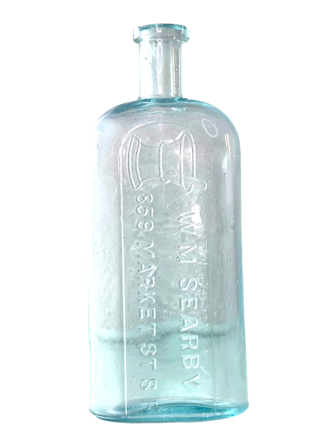 W. M. Searby Antique Pharmacy Bottle 7 1/2 in Aqua Glass Smooth Base Late 1890s