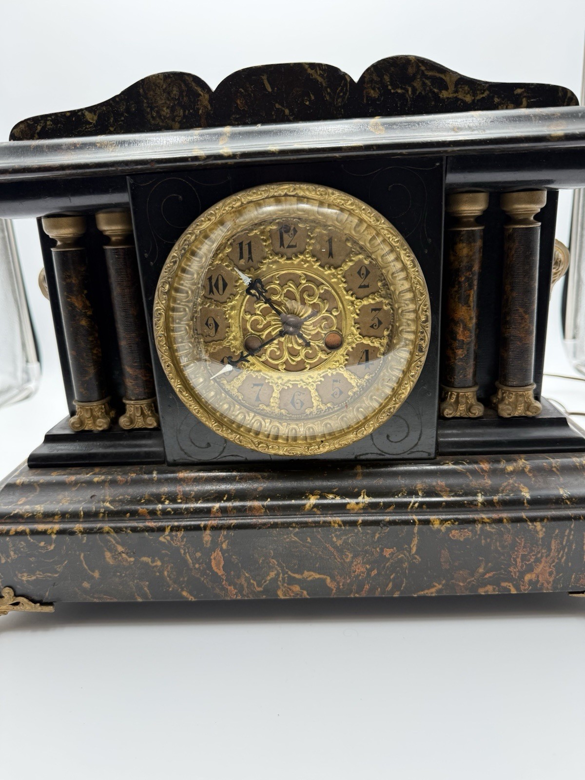 Antique Waterbury Flora Mantel Clock Black Mantle Shelf Clock Ornate Dial 18”