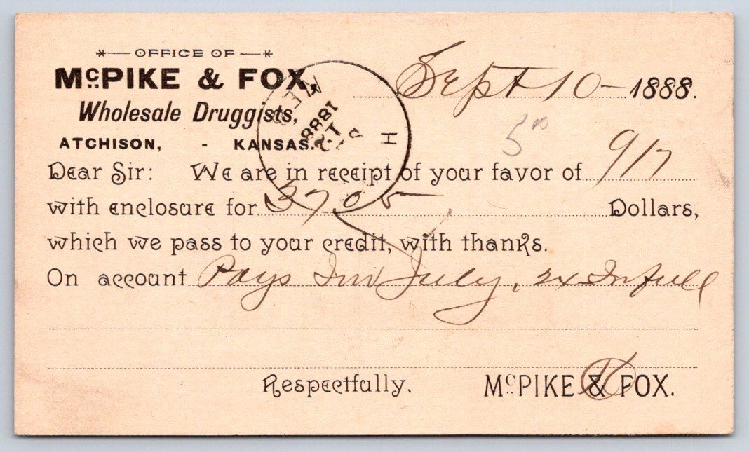 Antique Wholesale Druggists McPike  Fox Business Receipt 1888