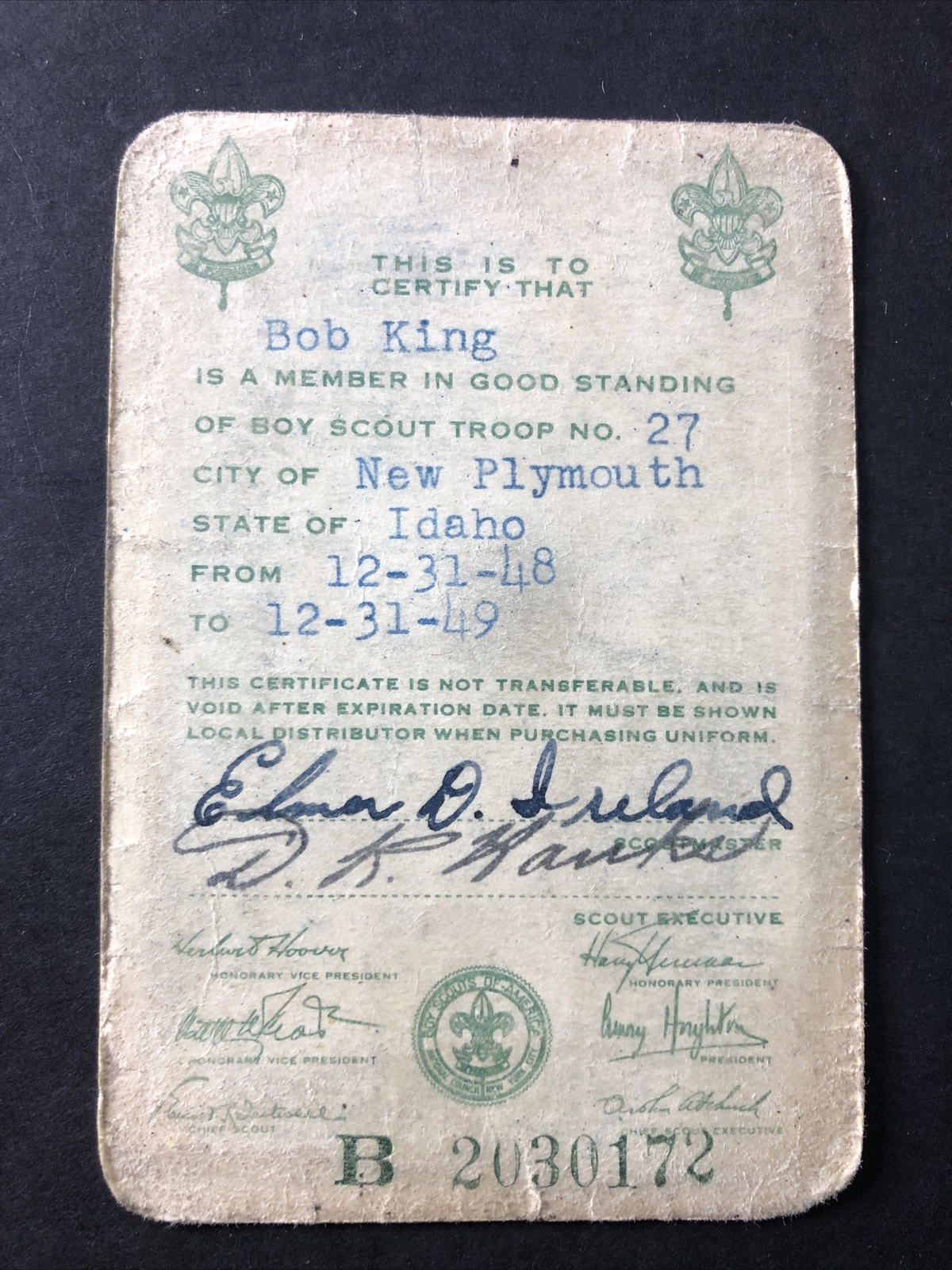 BSA Boy Scouts Of America Member Card Troop 27 New Plymouth 1948-49