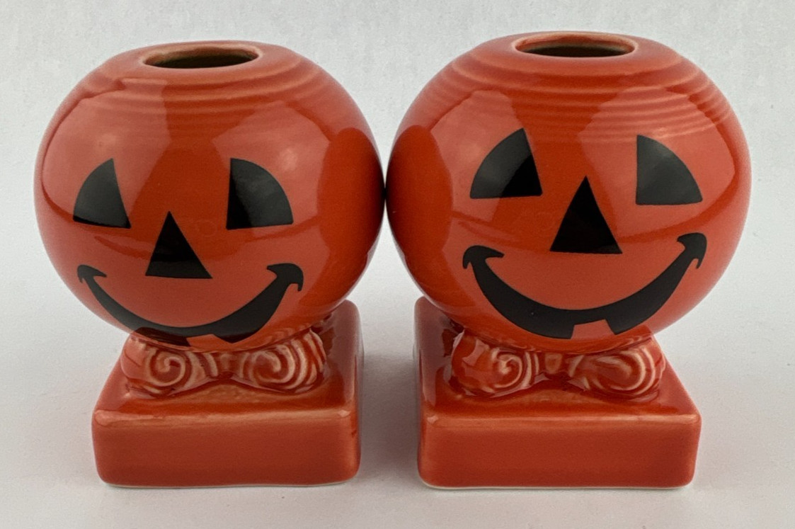Retired Fiesta Happy Pumpkin Jack O Lantern Bulb Candle Holders Pair Persimmon