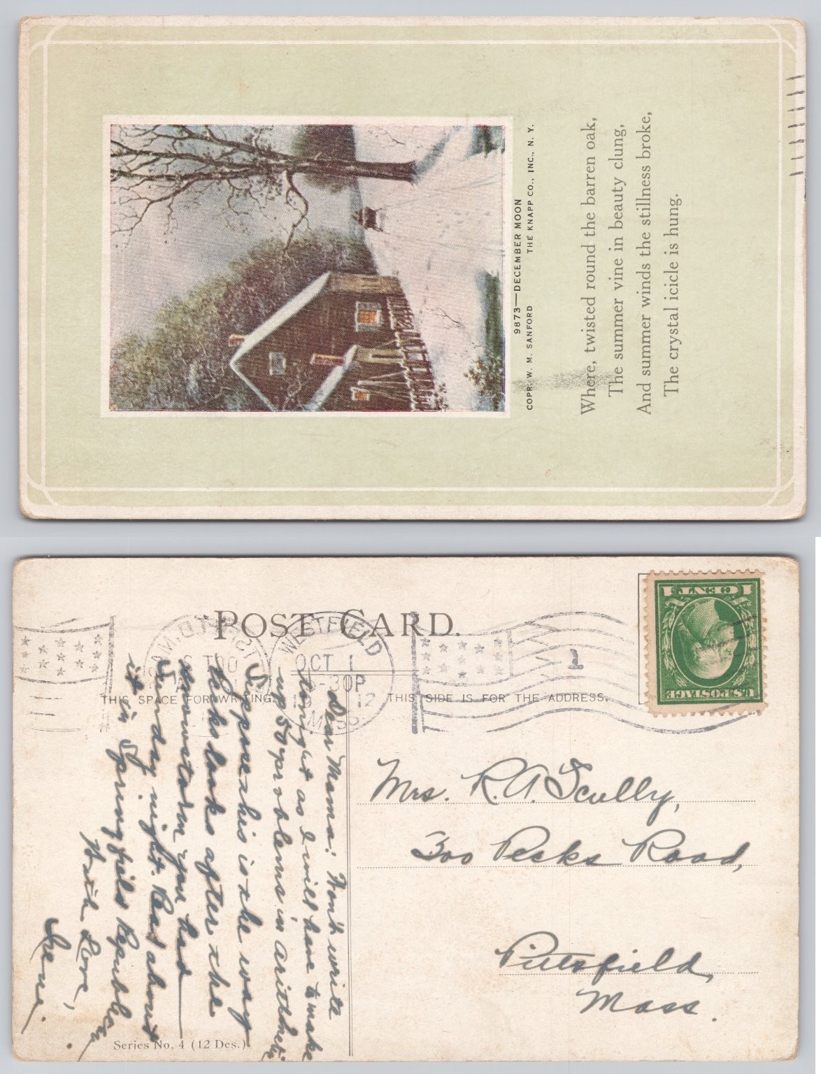 1910 Pittsfield MA Winter Scene Postcard Knapp Co Poem December Moon