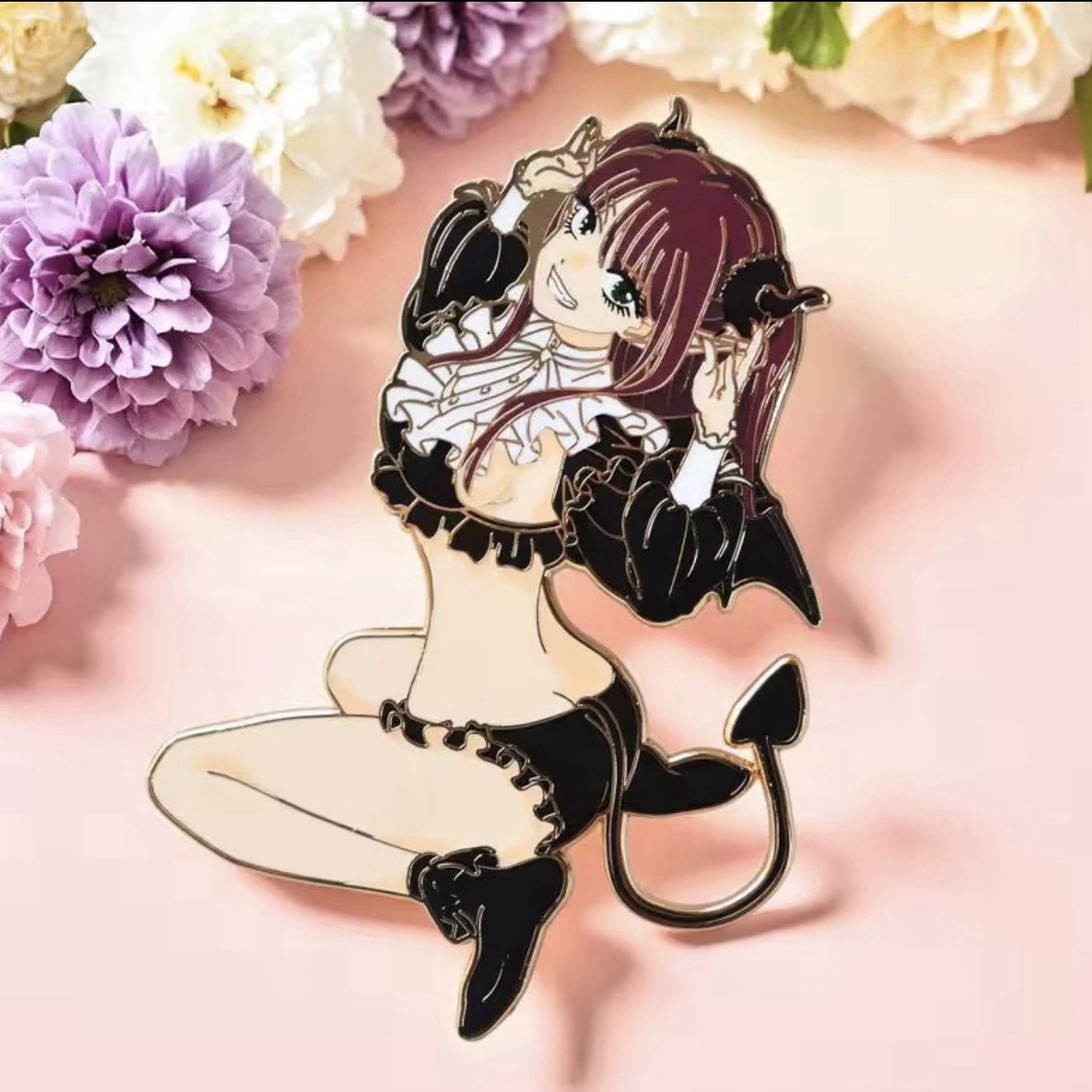 Devilish Anime Girl Enamel Pin - Cute Sexy Waifu With Bat Wings And Demon Tail