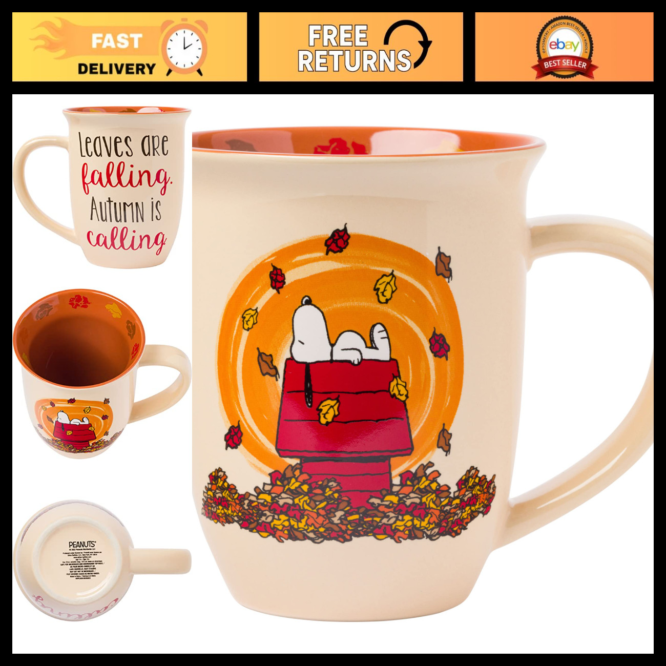 Fall Leaf Snoopy Ceramic Mug - 16oz Wide Rim Coffee Cup, Peanuts Theme Drinkware