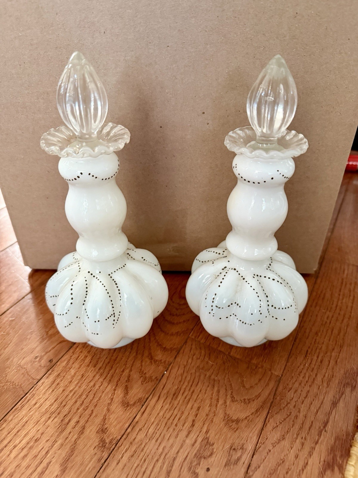 Vintage 1940's Fenton Perfume Bottles Set of 2 White Milk Glass