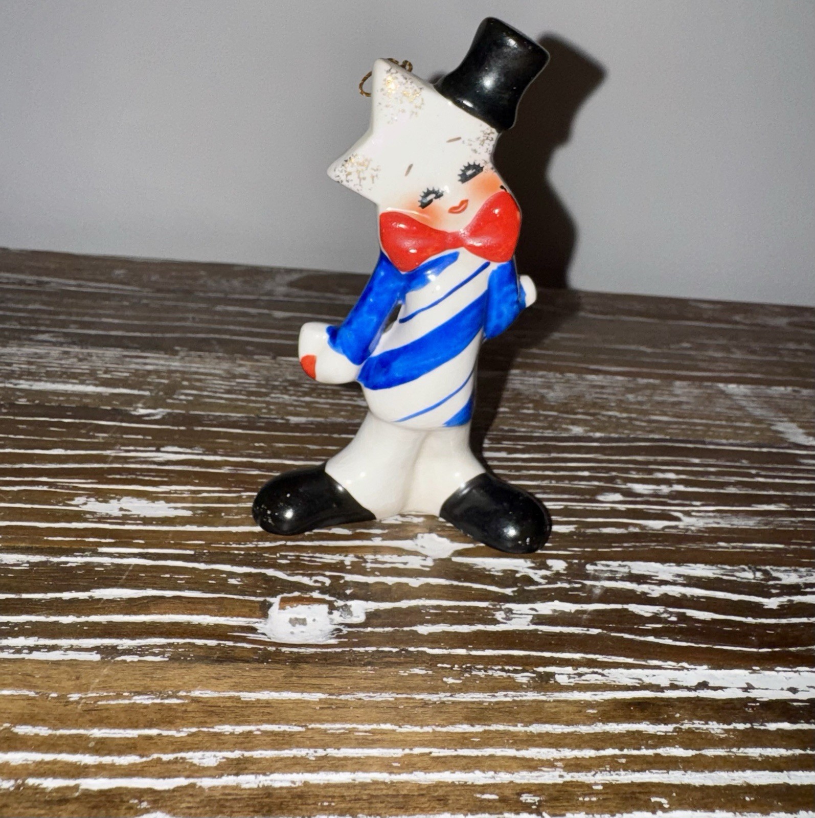 RARE Vintage Artmark Candy Cane Snowman Ceramic Ornament Japan ☃️ 💙🍬❤️ 🎩