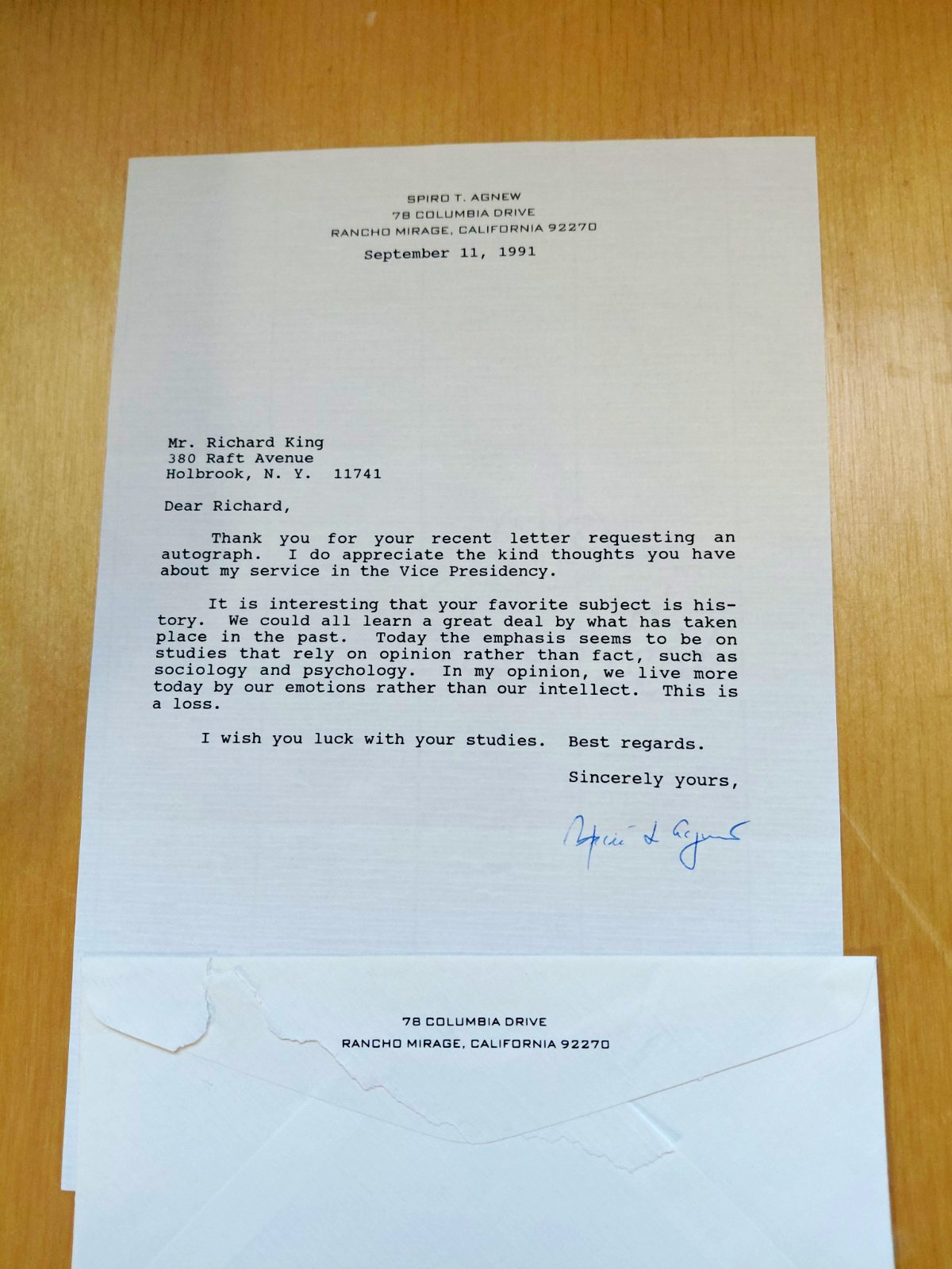 Spiro T. Agnew & Gerald R. Ford Signed 1991 Typed Letter w/ Envelope Index Card