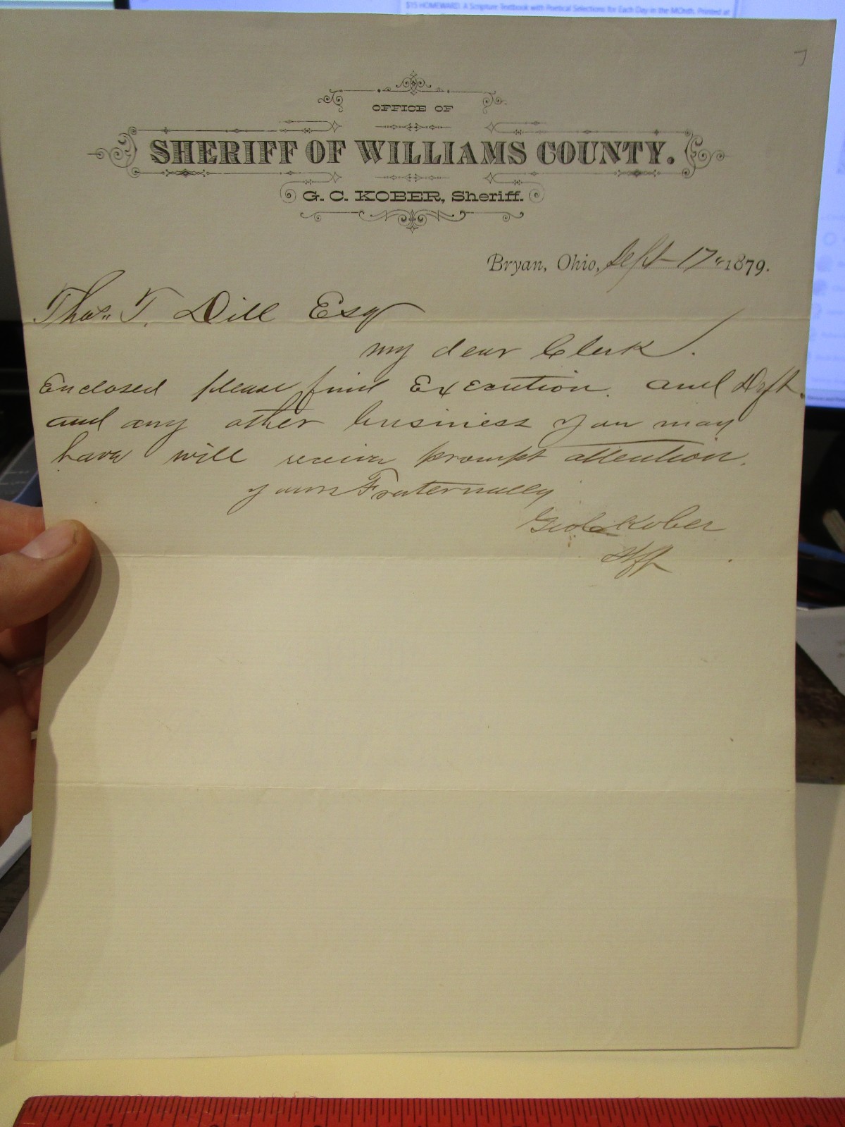1879 Bryan Ohio Williams County Sheriff Office Handwritten Letter Clerk Attorney