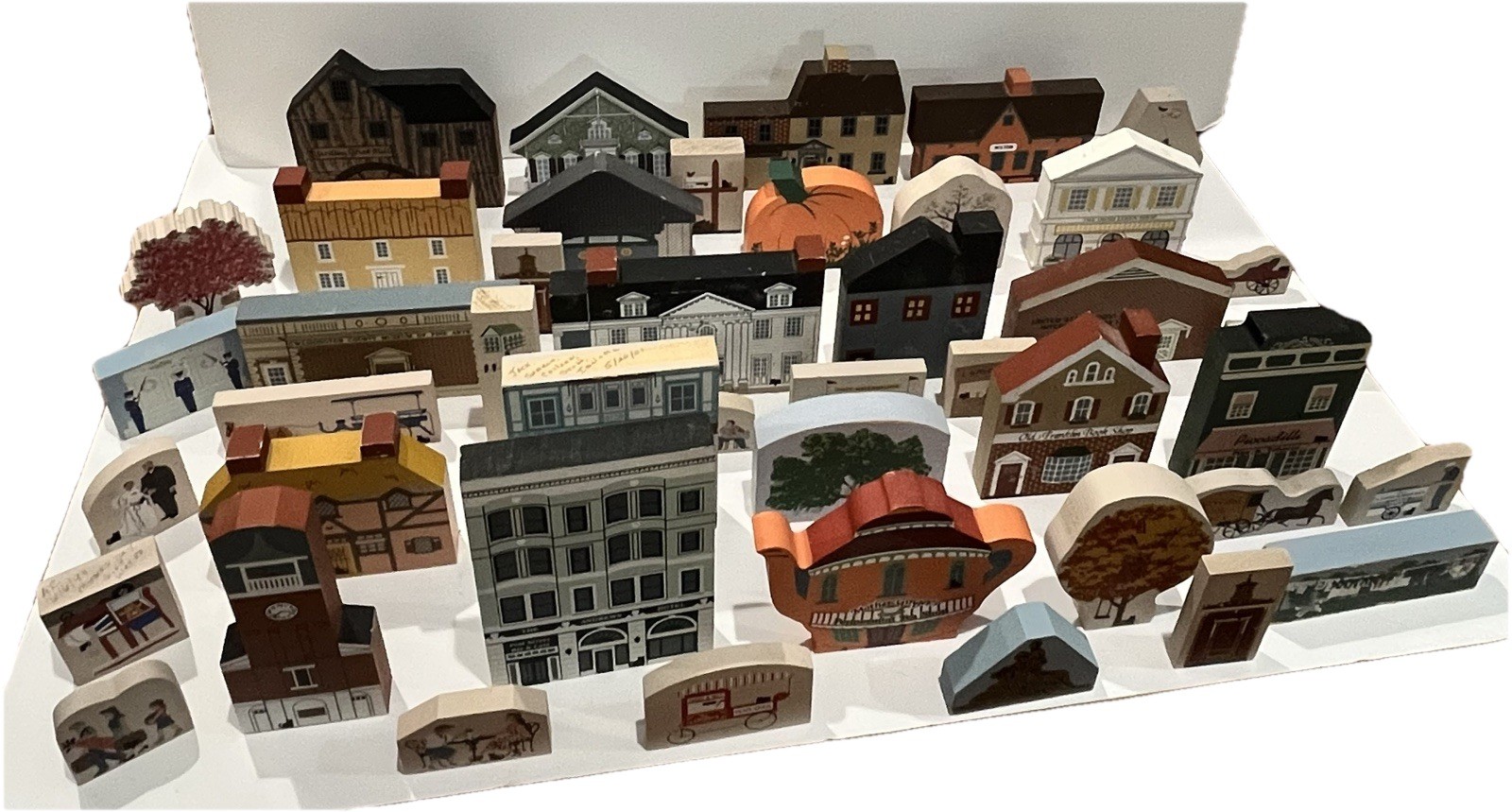 Lot of 45 Cat’s Meow Village Pieces  Buildings & Figures, Some Signed/Dated