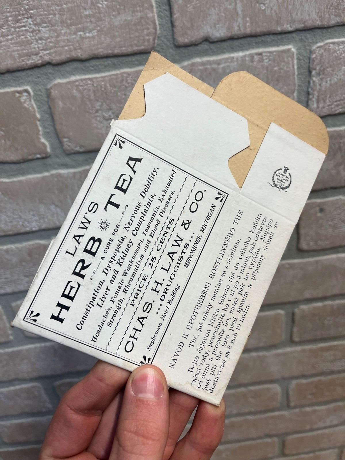 Original c1910s Charles H. Law Menominee Michigan Herb Tea Unused Box Advertisin