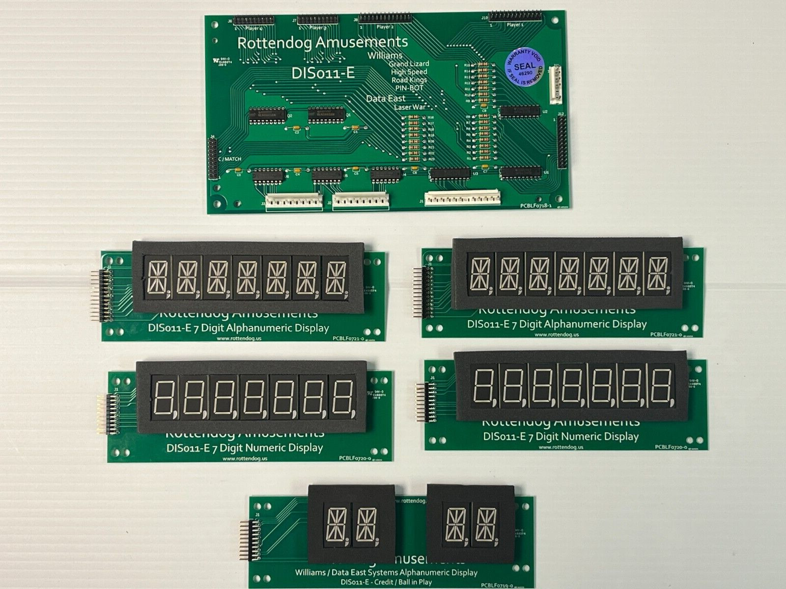 Grand Lizard Williams Pinball 7 Digit LED Display Kit, 6 pc Set. 