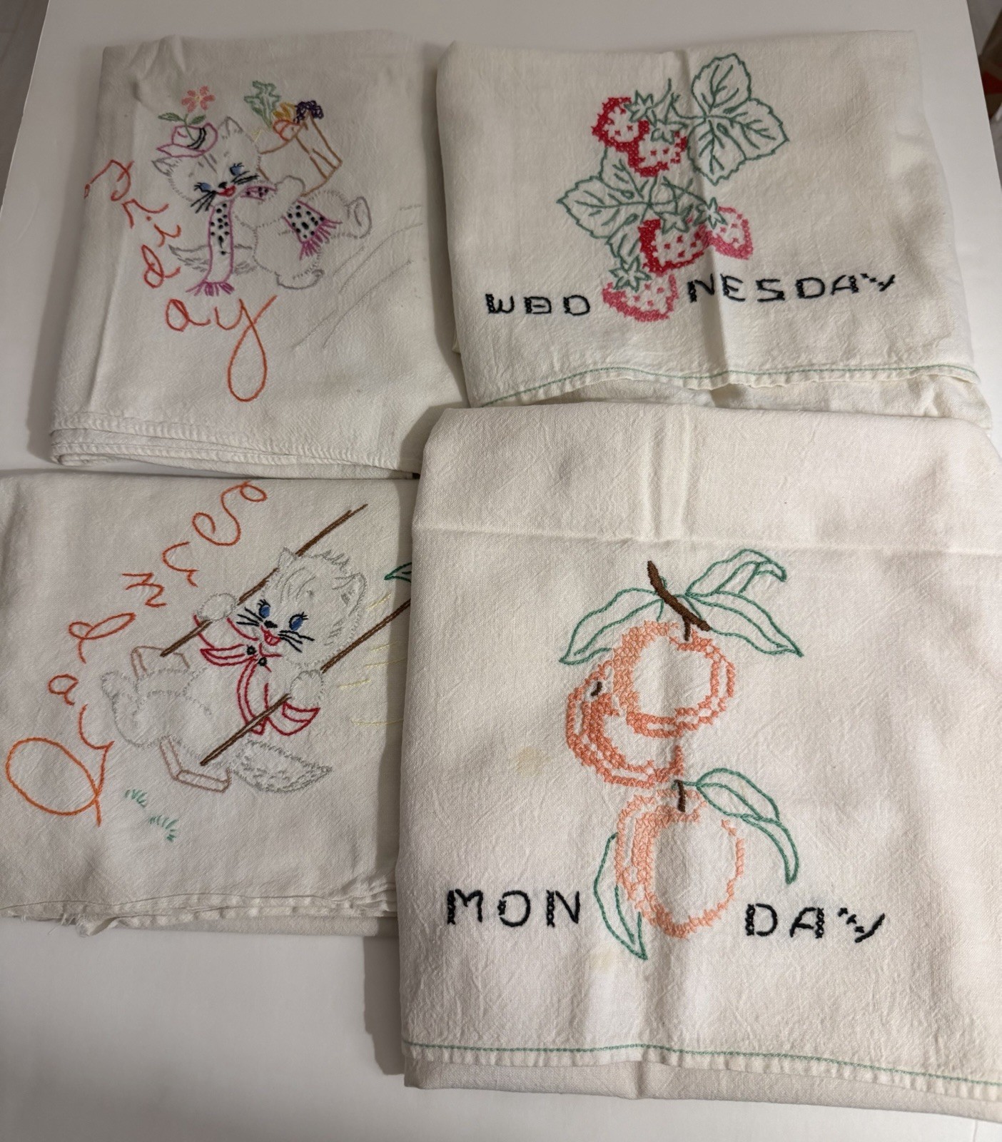 Vintage Hand Embroidered Days Of The Week Dish Towels  Mon, Wed, Fri, Sun