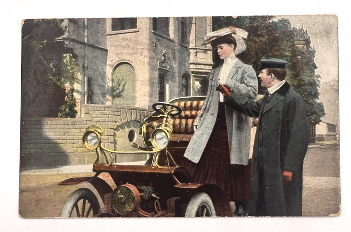 Vintage 1908 Colorful Early Automobile with Couple Postcard Germany