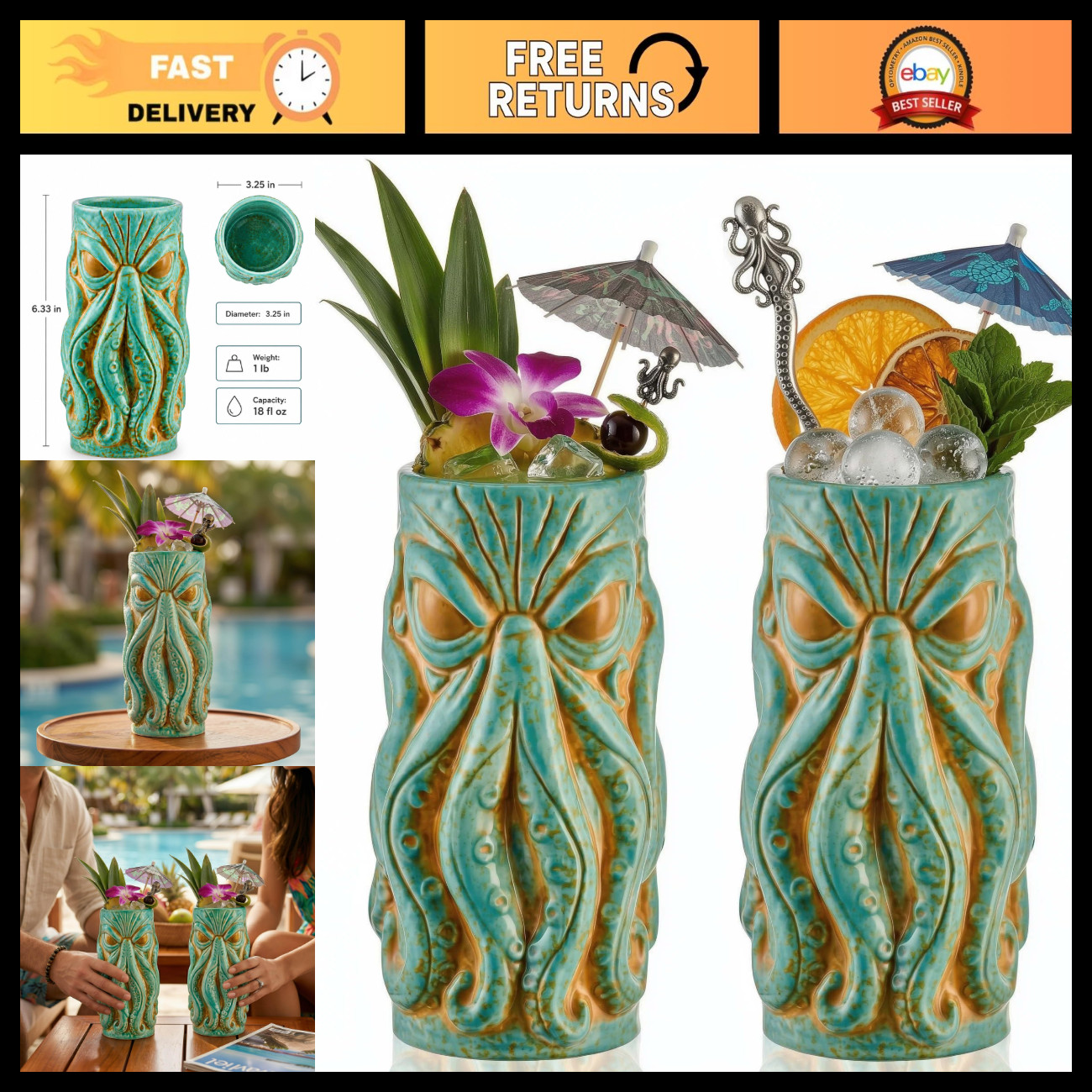 Kraken Ceramic Tiki Mug, 18 oz Hi Ball 2 pc Set