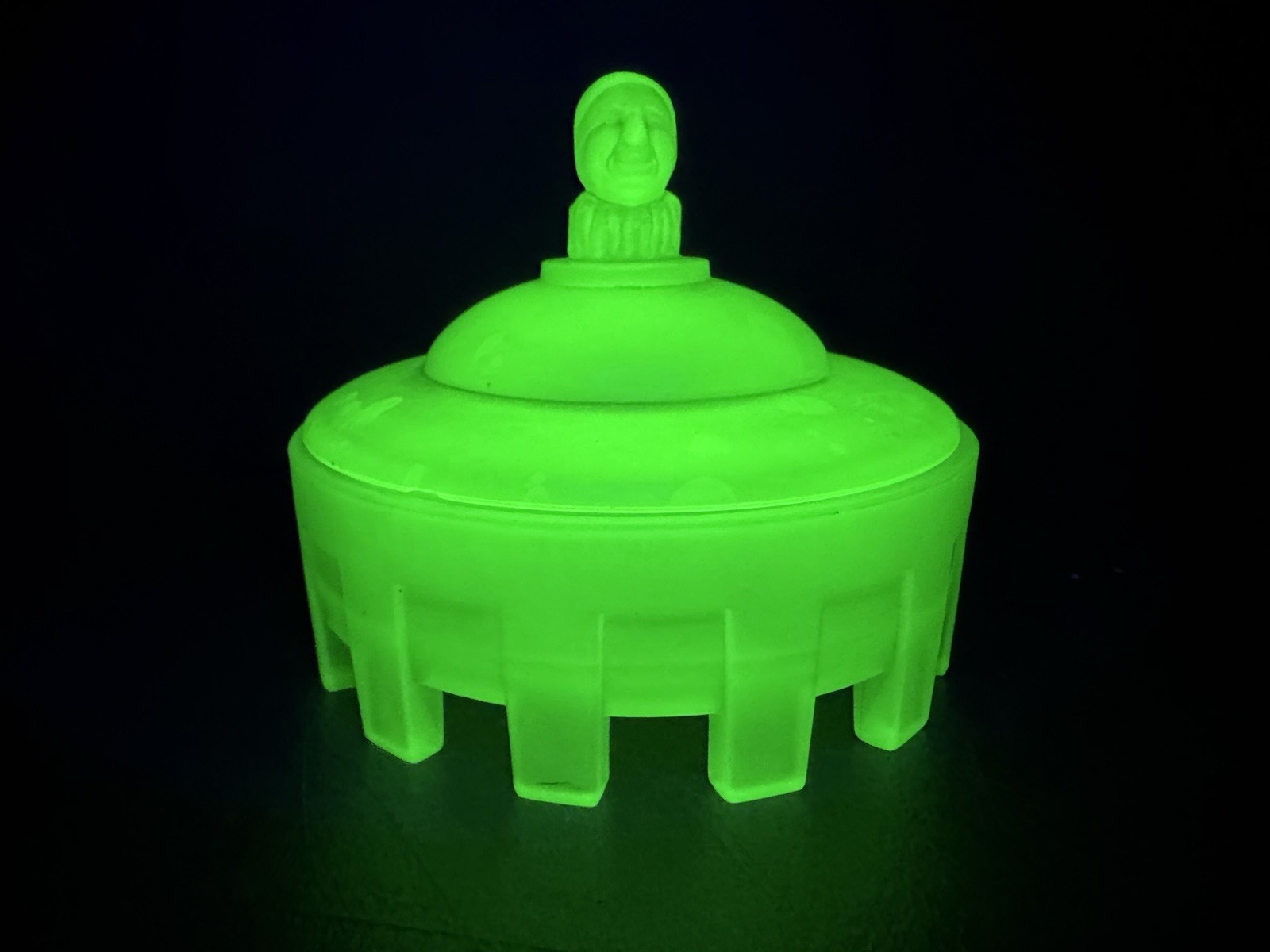 Vintage Taussaunt Uranium Green Satin Court Jester Powder Jar 1930s Stunning