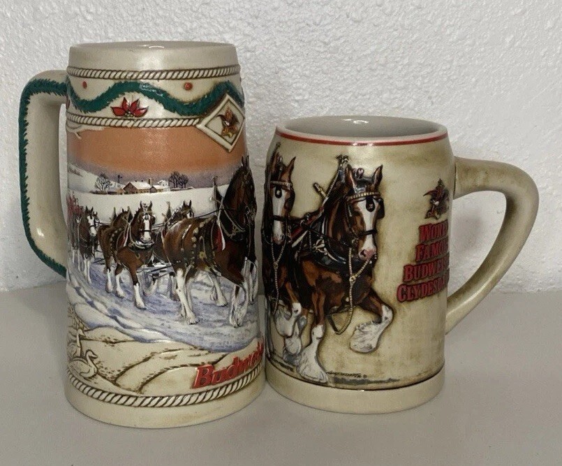 Budweiser Vintage Clydesdales Stein Anheuser-Busch Ceramarte,2 Mugs Excellent
