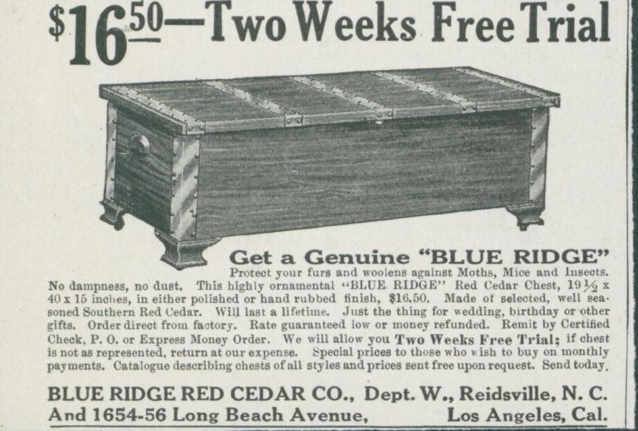 1913 Blue Ridge Red Cedar Co 2 Weeks Free Trial Reidsville NC Los Angeles Ad GH3