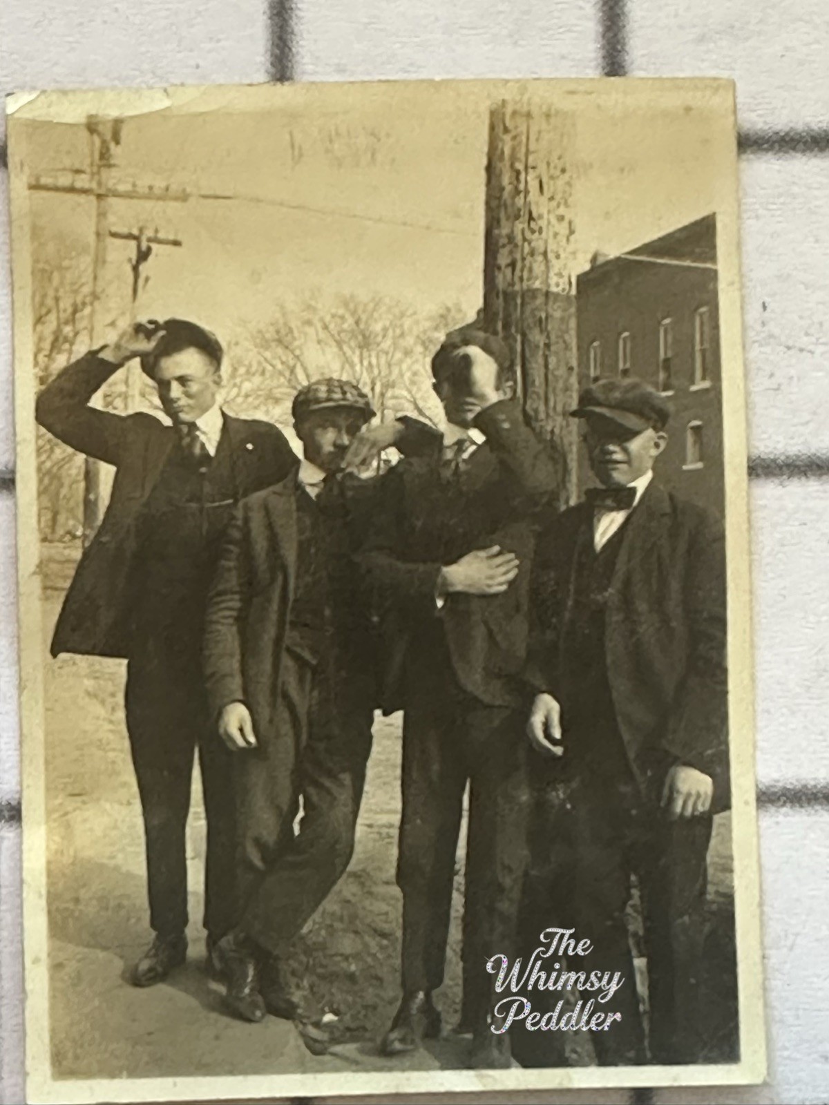 Vintage 1910s Photo Four Men Roughhousing Suits Flat Caps Street Snapshot