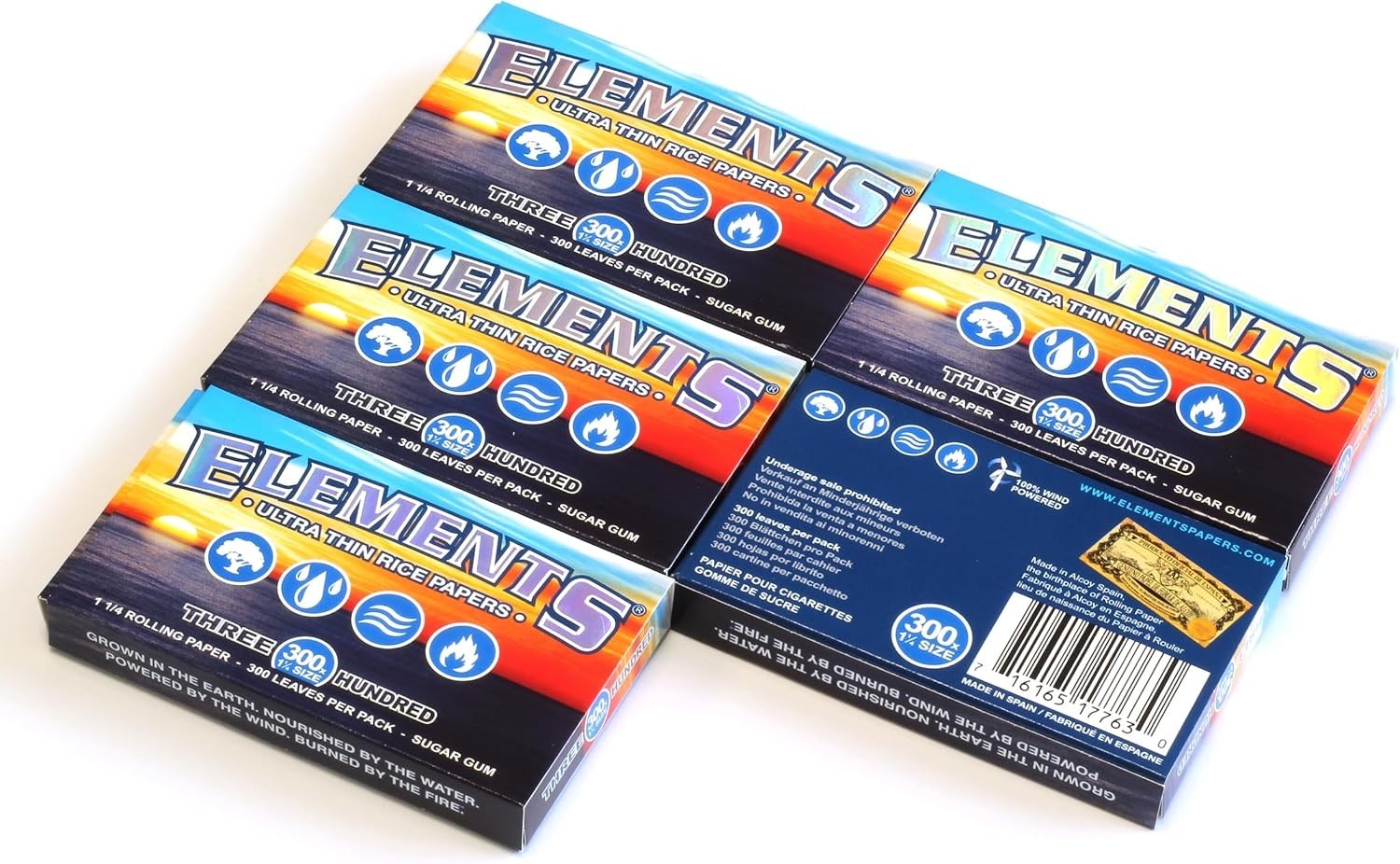 ELEMENTS 300 Ultra Thin Rice Rolling Paper 1.25 1 1/4 Size 5 Pack = 1500 Leaves