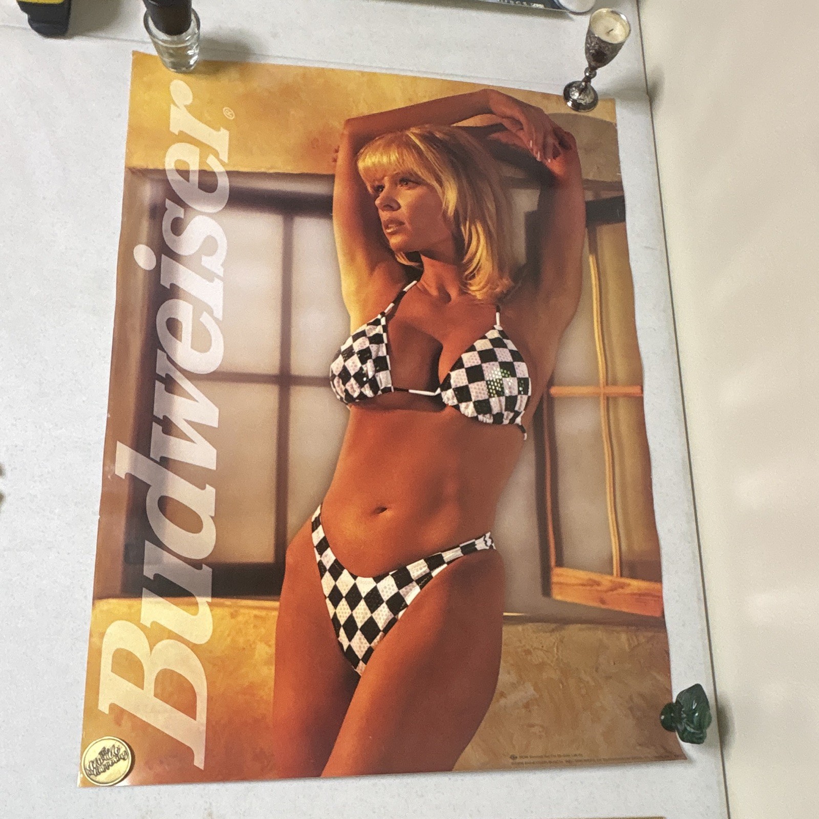 🍺 Vintage 1998 Budweiser Poster 20x28 Checkered Bikini Model Beer Promo L98-03