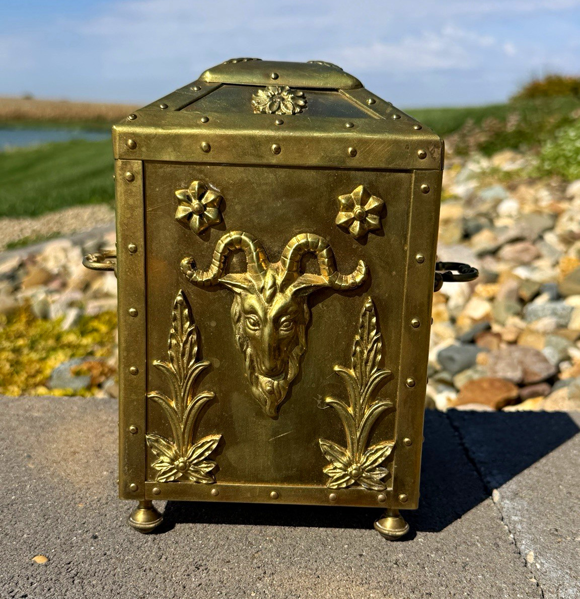 Antique HEAVY Brass Satyr Coin Bank, 3D Ram/Goat Relief Engraved A262 