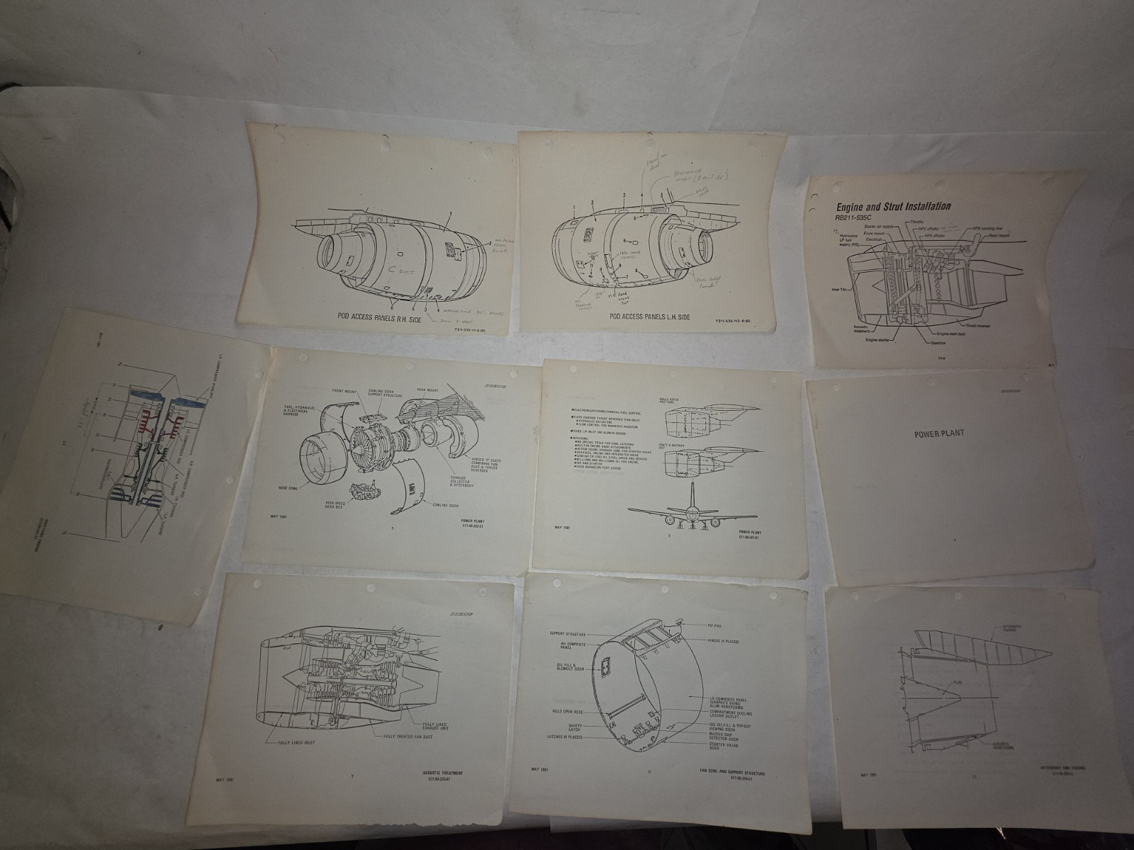 Vintage 1981 Boeing 757 RB211-535C Aircraft Engine Technical Diagrams 10 Pages