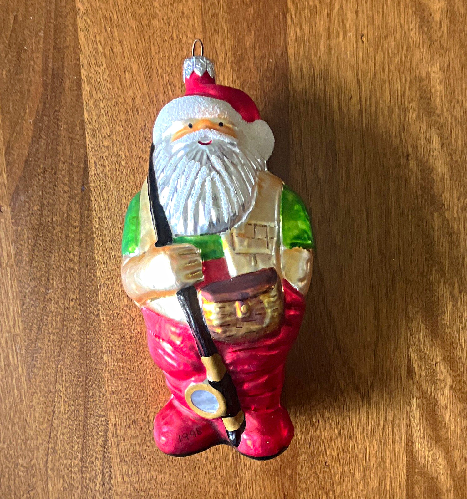 Vintage 1996 Poland Fisherman Santa Christmas Ornament, 7.75 inches