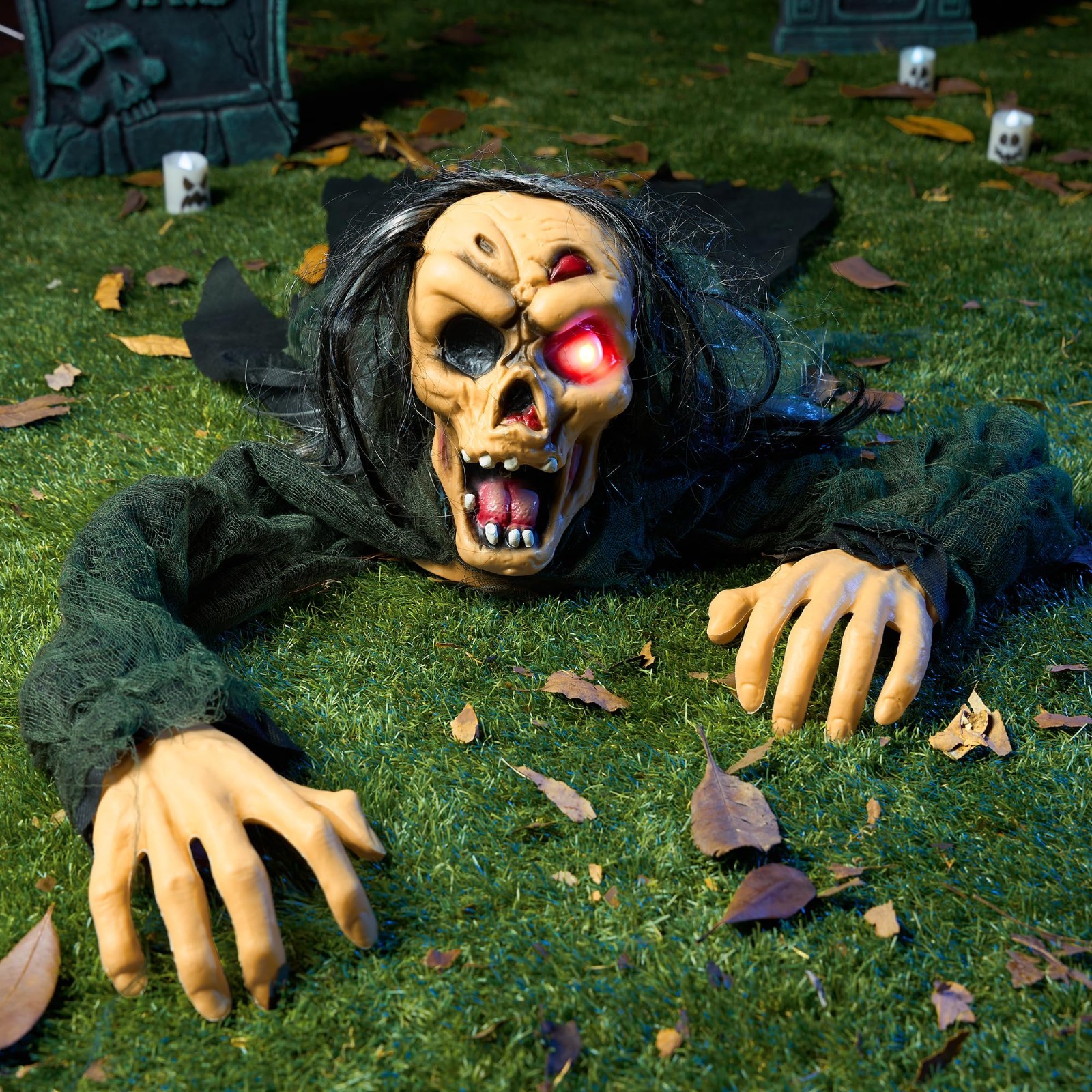 Creepy Zombie Groundbreaker Prop for Halloween Yard Decor, Glowing Eyes & Sound