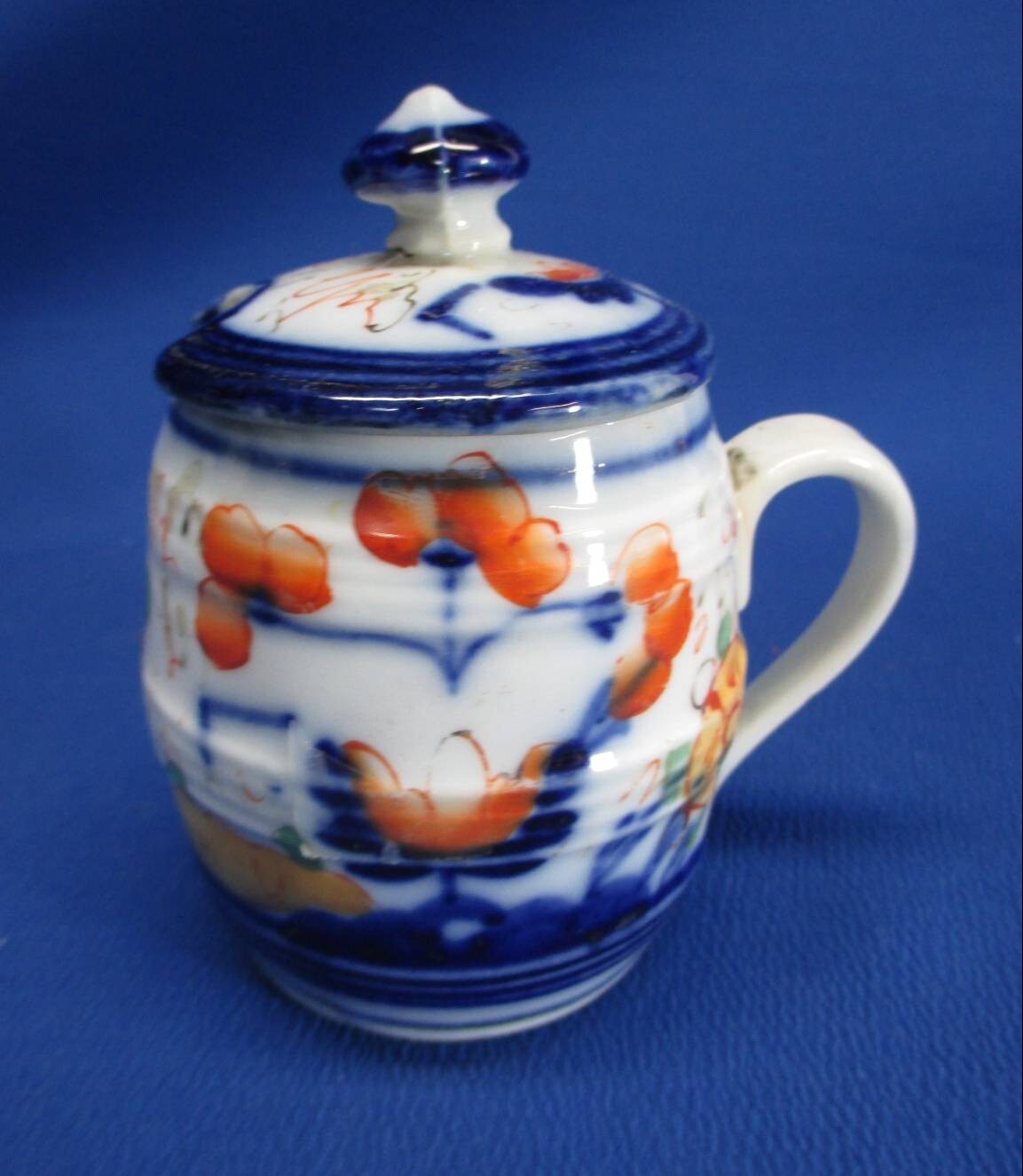 ANTIQUE STAFFORDSHIRE POLYCHROME LIDDED JAM / MUSTARD POT