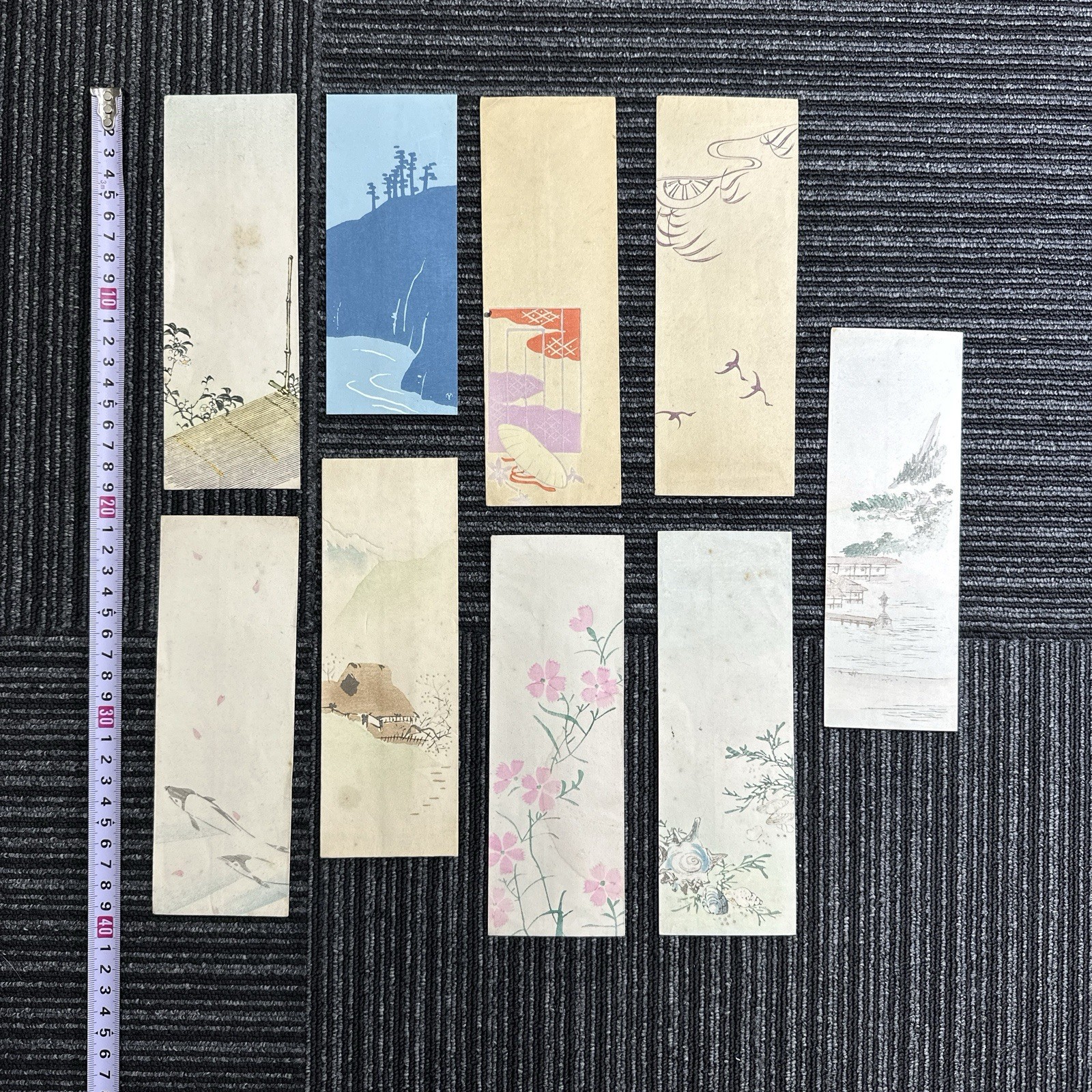 Set of 9 Japanese Ukiyo-e Woodblock Tanzaku, Antique Poem Slips