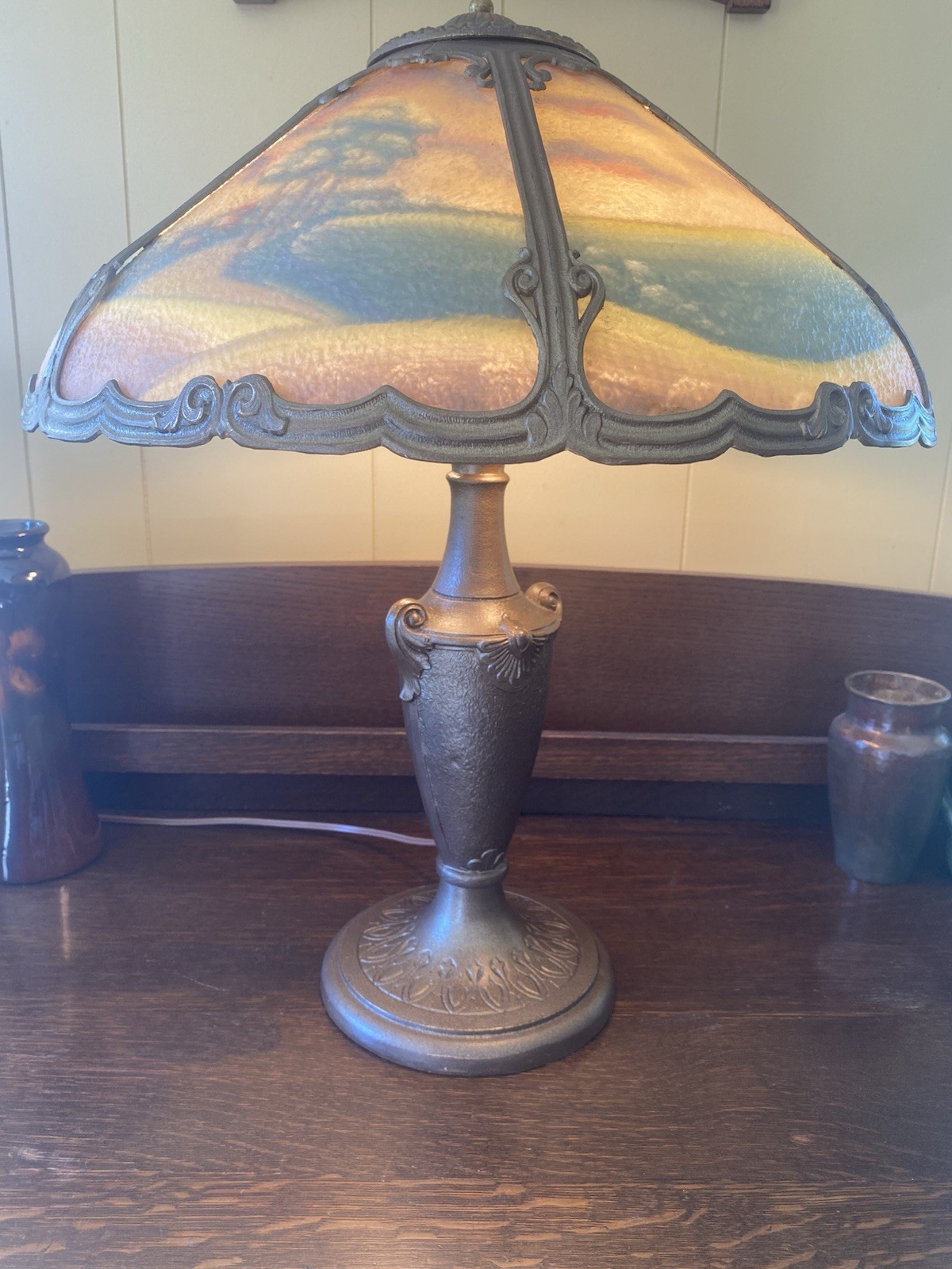 Antique Early 1900s Reverse Painted Scenic Lamp Pittsburgh Pheonix Handel Era