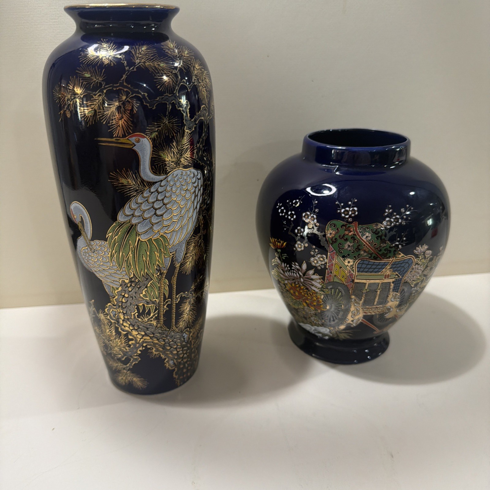 Pair Vintage ARDCO Japan Cobalt Blue Gold Vases White Crane & Imperial Carriage