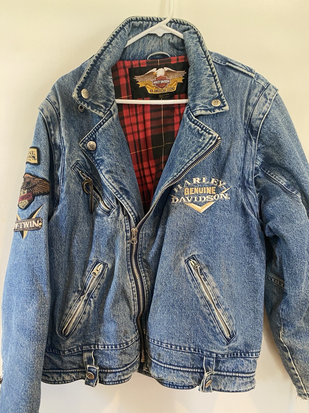 Vintage 90s Harley Davidson Denim Jacket M Zip Off Sleeves V Twin Patches