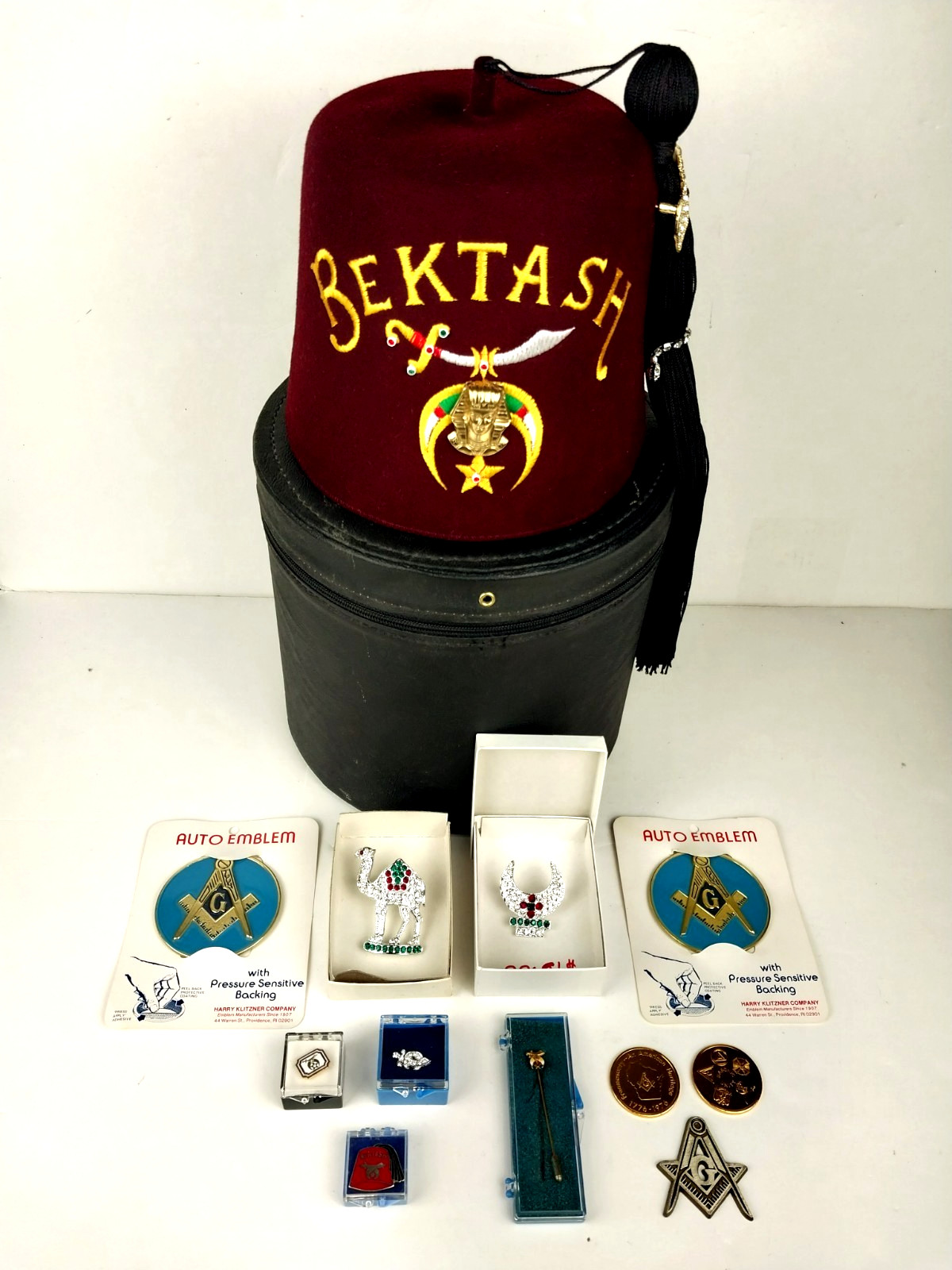Vtg 13-Pc Freemason Shriner Tasseled Fez Hat Jewelry & Decal Lot Masonic Bektash