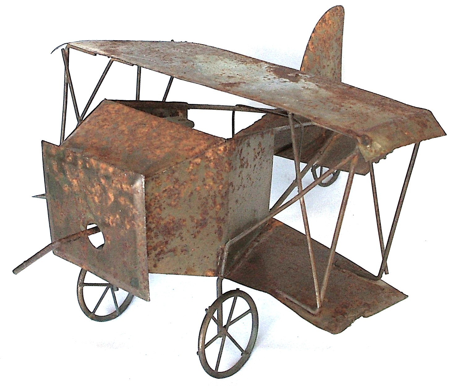 Vintage Rustic Hand Made Folk Art Tin Biplane Airplane Music Box Decorative Toy