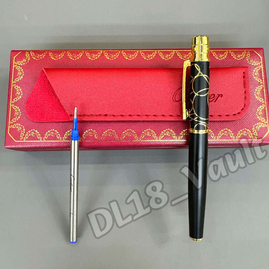 CARTIER Black Rollerball Pen Gold Tone Trim Circle Pattern Cap w/ Box & Refill