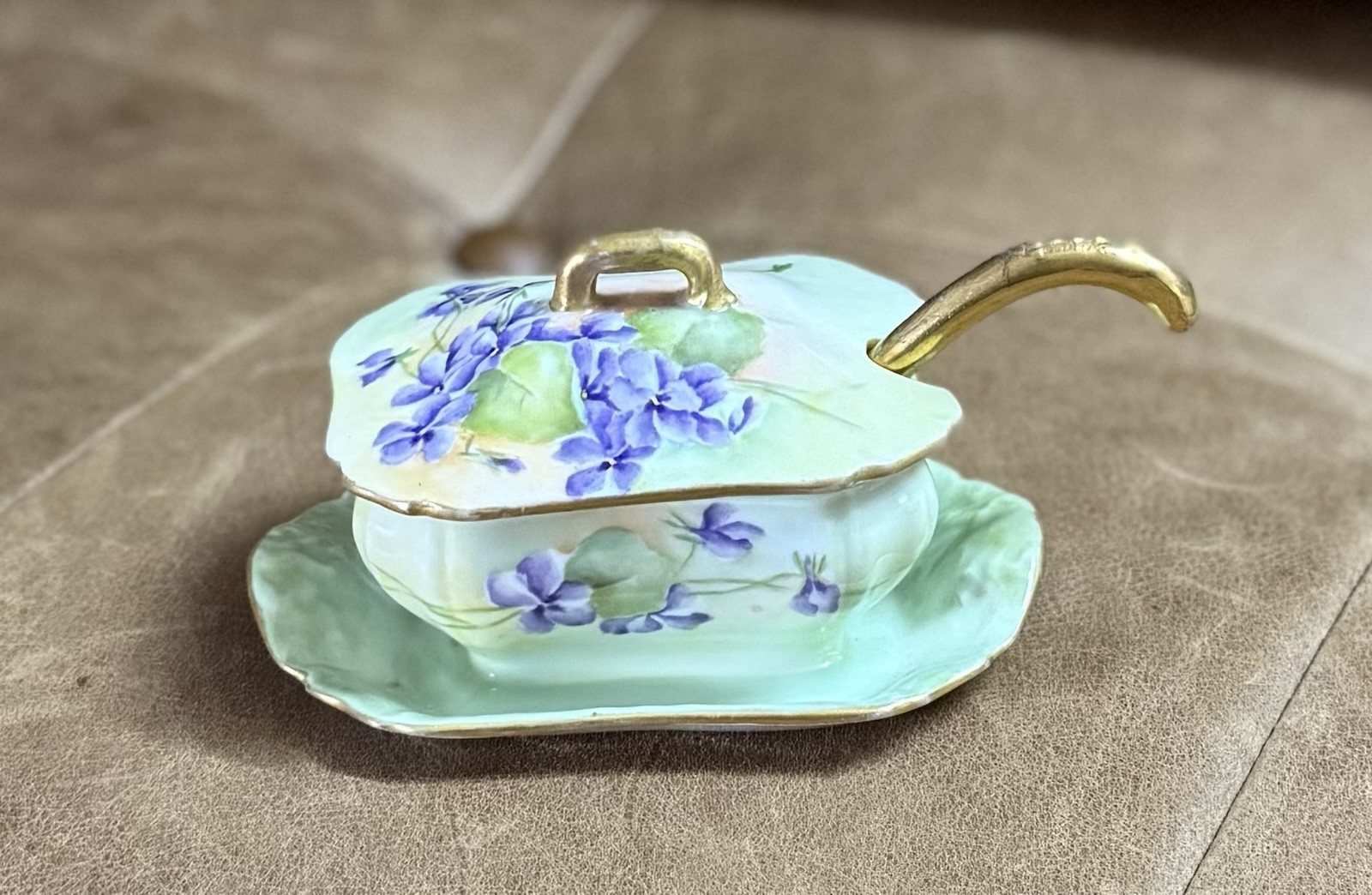 Antique Theodore Haviland Limoges Violet Mint Gold Sugar Bowl With Lid And Spoon