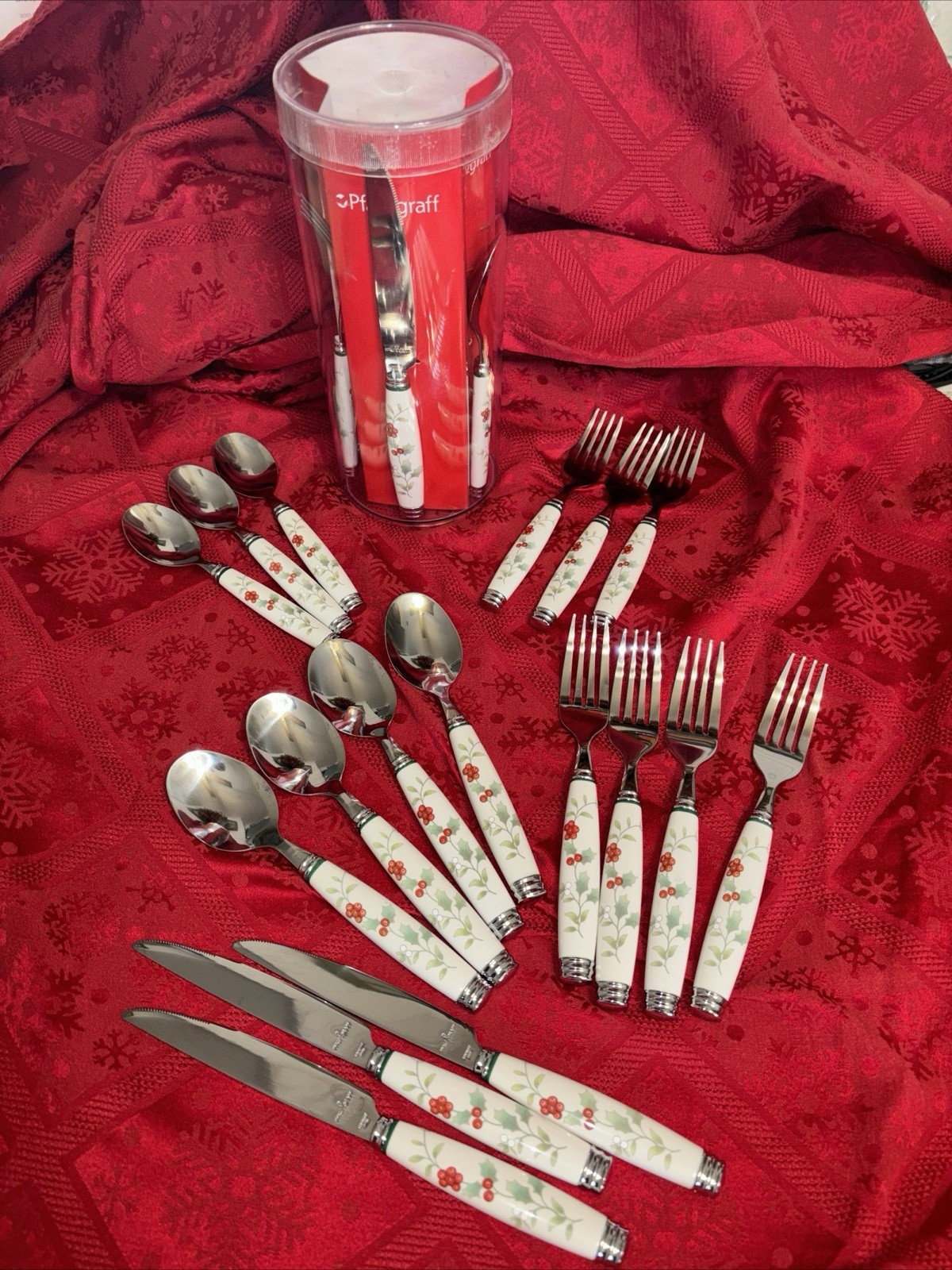 VTG 20-PIECE PFALTZGRAFF WINTERBERRY FLATWARE STAINLESS FORKS/SPOONS/KNIVES -NOS