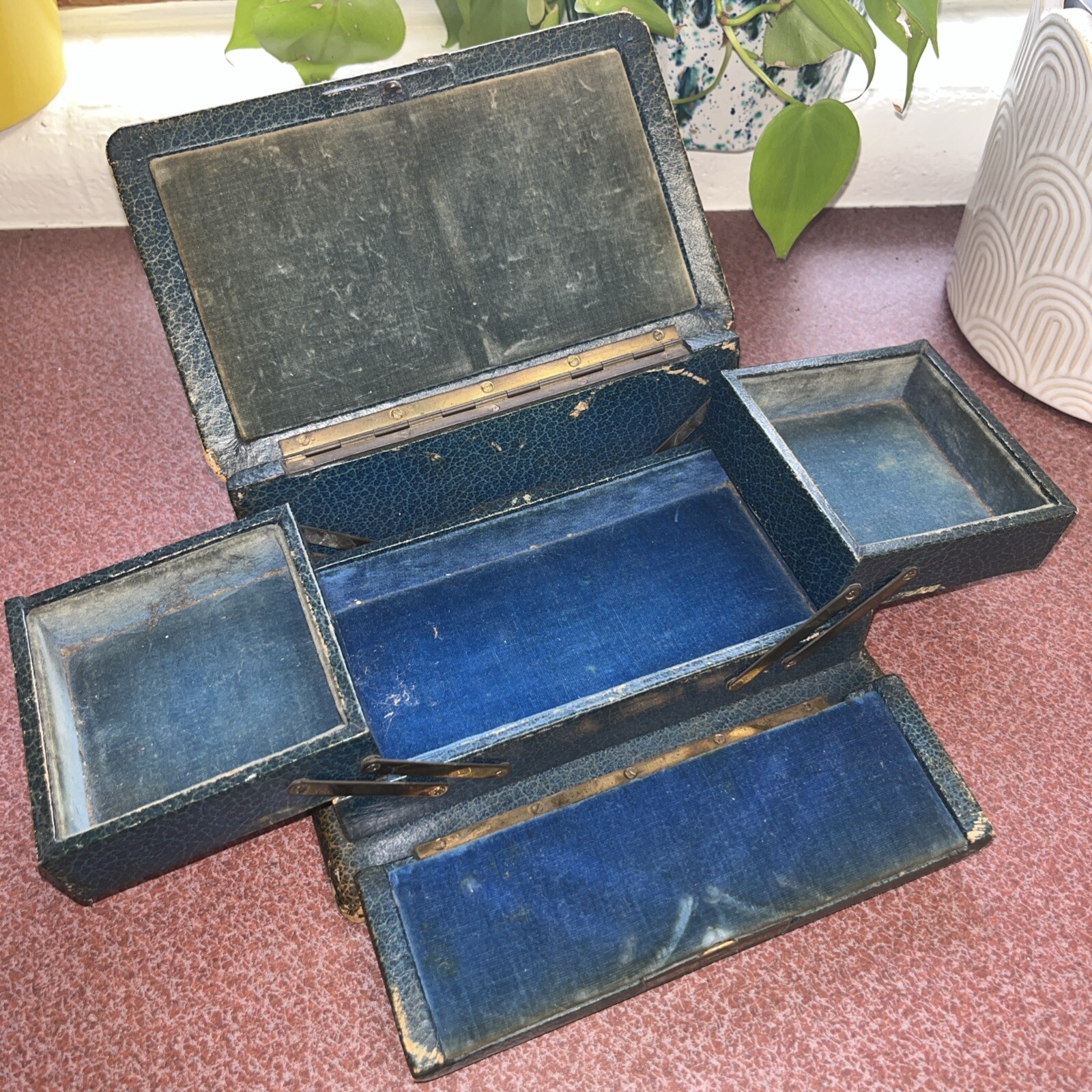 Antique Victorian leather green Blue Velvet Lined Jewelry Box