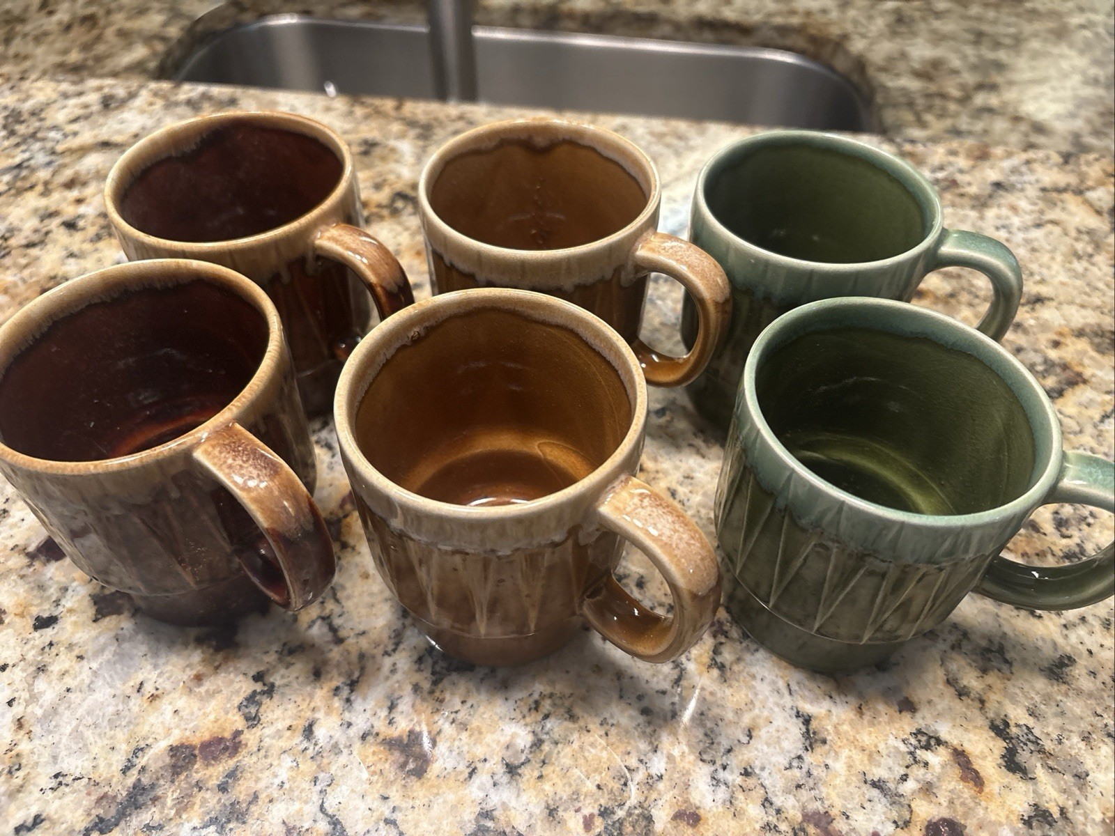 Vtg 1970\'s Japanese Gold Green Brown Drip Glaze Stackable Coffee Tea Cup Mugs
