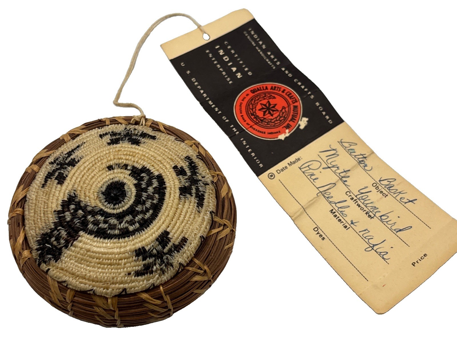 Cherokee Pine Needle Basket Myrtle Youngbird Qualla Arts Crafts Lidded Tagged